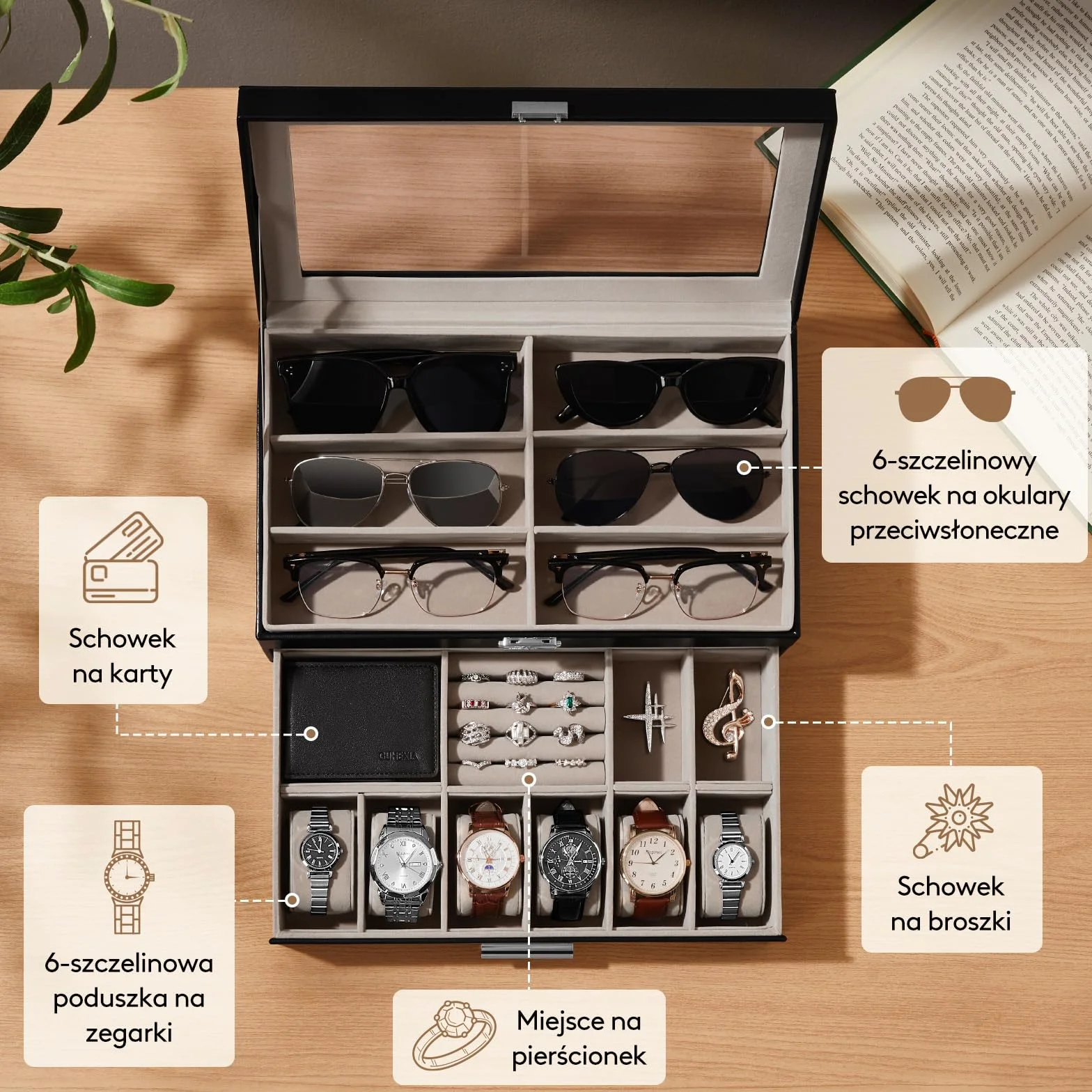 Lifewit 2-Warstwowy Organizer na Okulary Przeciwsłoneczne ze Szklaną Pokrywką, 6 Miejsc na Okulary, 6 Miejsc na Zegarki, Miejsca na Pierścionki/Broszki/Spinki do Krawatów dla Mężczyzny, Czarny