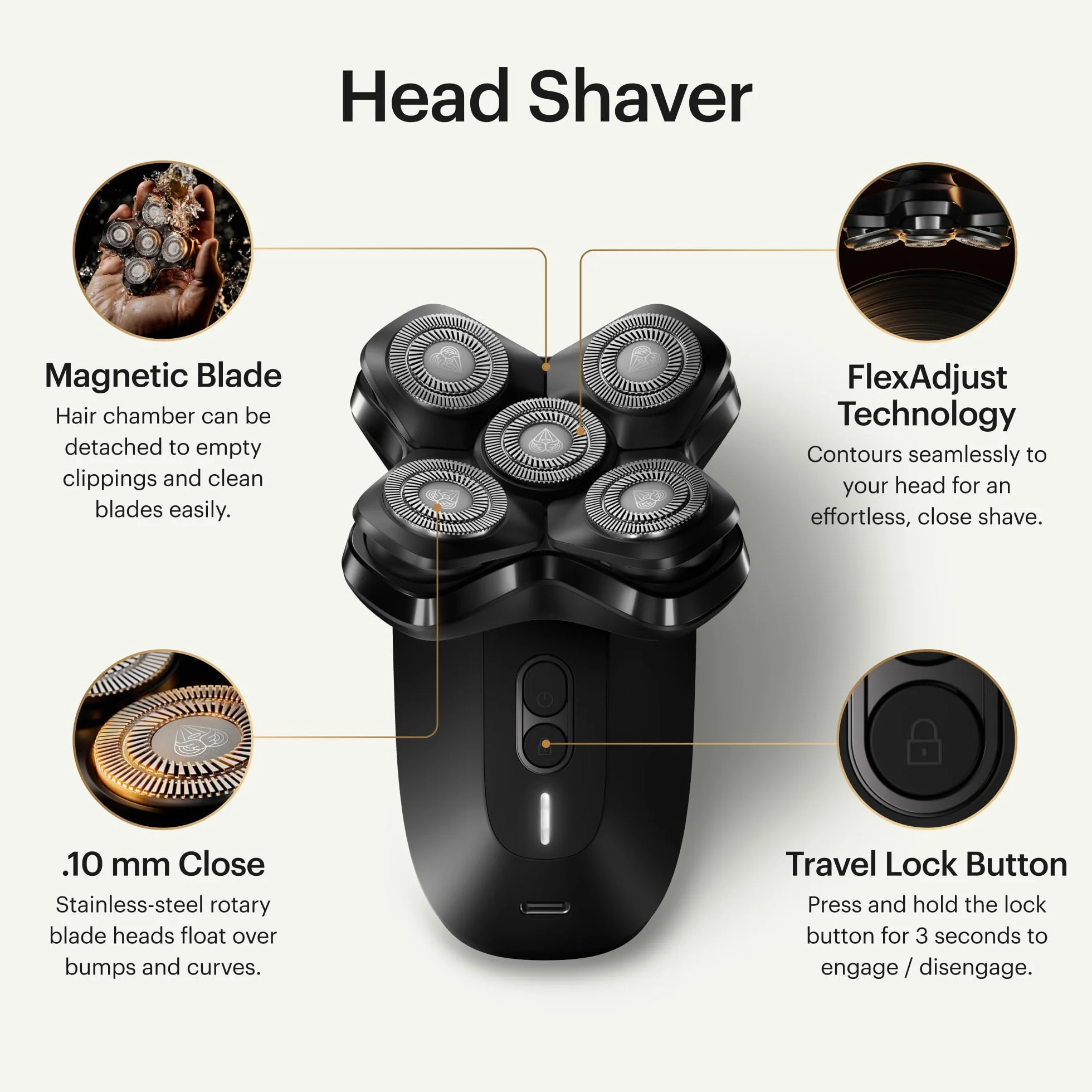 MANSCAPED® Golarka Dome Shaver™ PRO dla łysych mężczyzn – pięć obrotowych ostrzy z technologią SkinSafe® i FlexAdjust, wodoodporna, ładowanie USB-C z blokadą podróżną