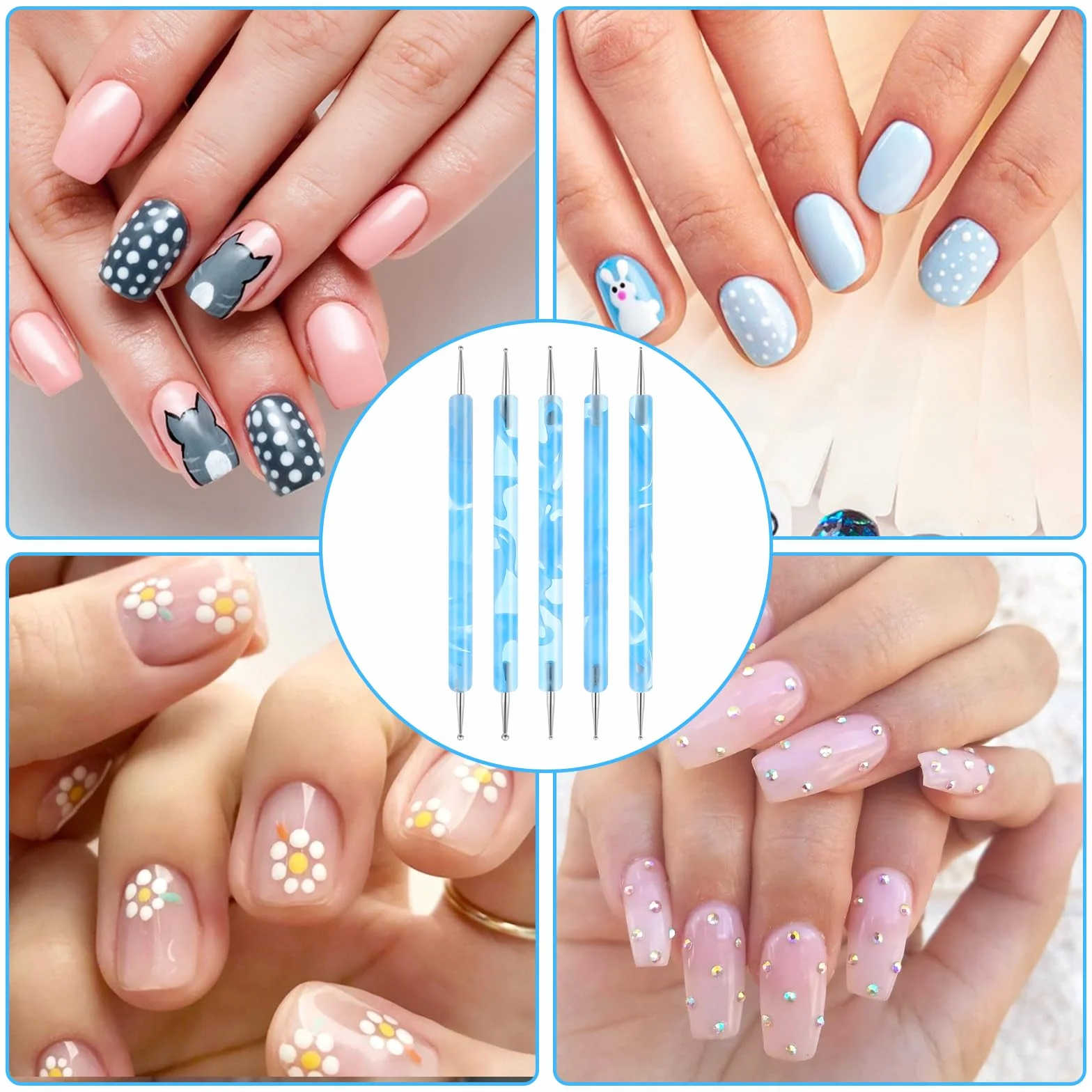 Zestaw 5 dwustronnych narzędzi do zdobienia paznokci, zestaw dwustronnych narzędzi do zdobienia paznokci, do manicure, kropki, do malowania żelowego lakieru, niebieski