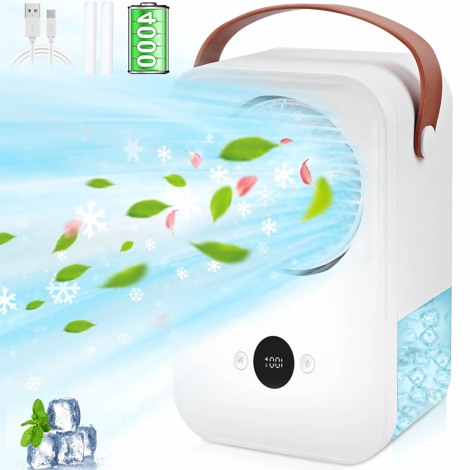 Przenośny klimatyzator 4000 mAh bez węża wylotowego, 4 w 1, mobilny klimatyzator z aromaterapią, przenośny wentylator chłodzący powietrzem z funkcją spryskiwania wodą