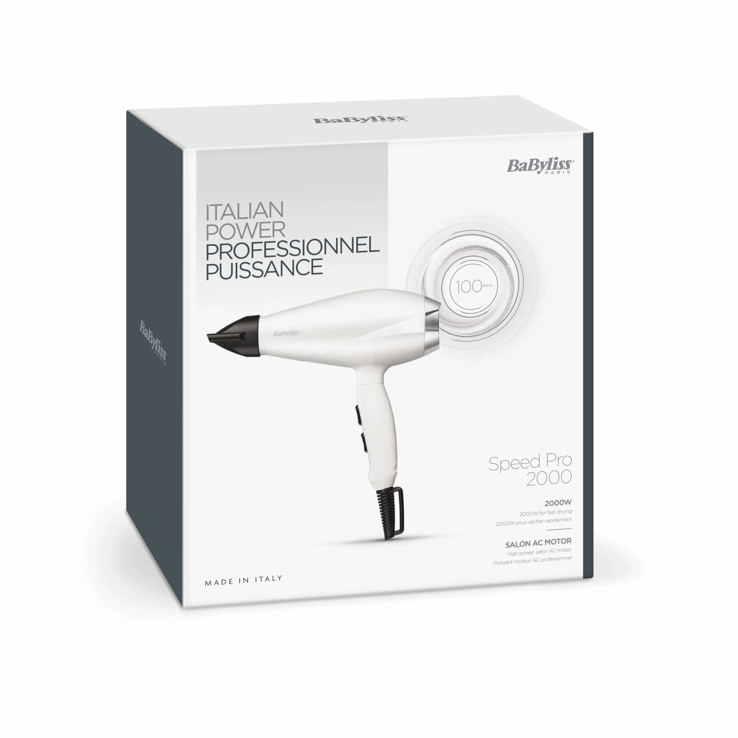 Suszarka do włosów BaByliss Speed ​​Pro 2000 W - suszarka AC, wyprodukowana we Włoszech, lekka, z jonizacją, zapobiegającą puszeniu włosów, 3 ustawienia temperatury i 2 prędkości, biała, 6704WE