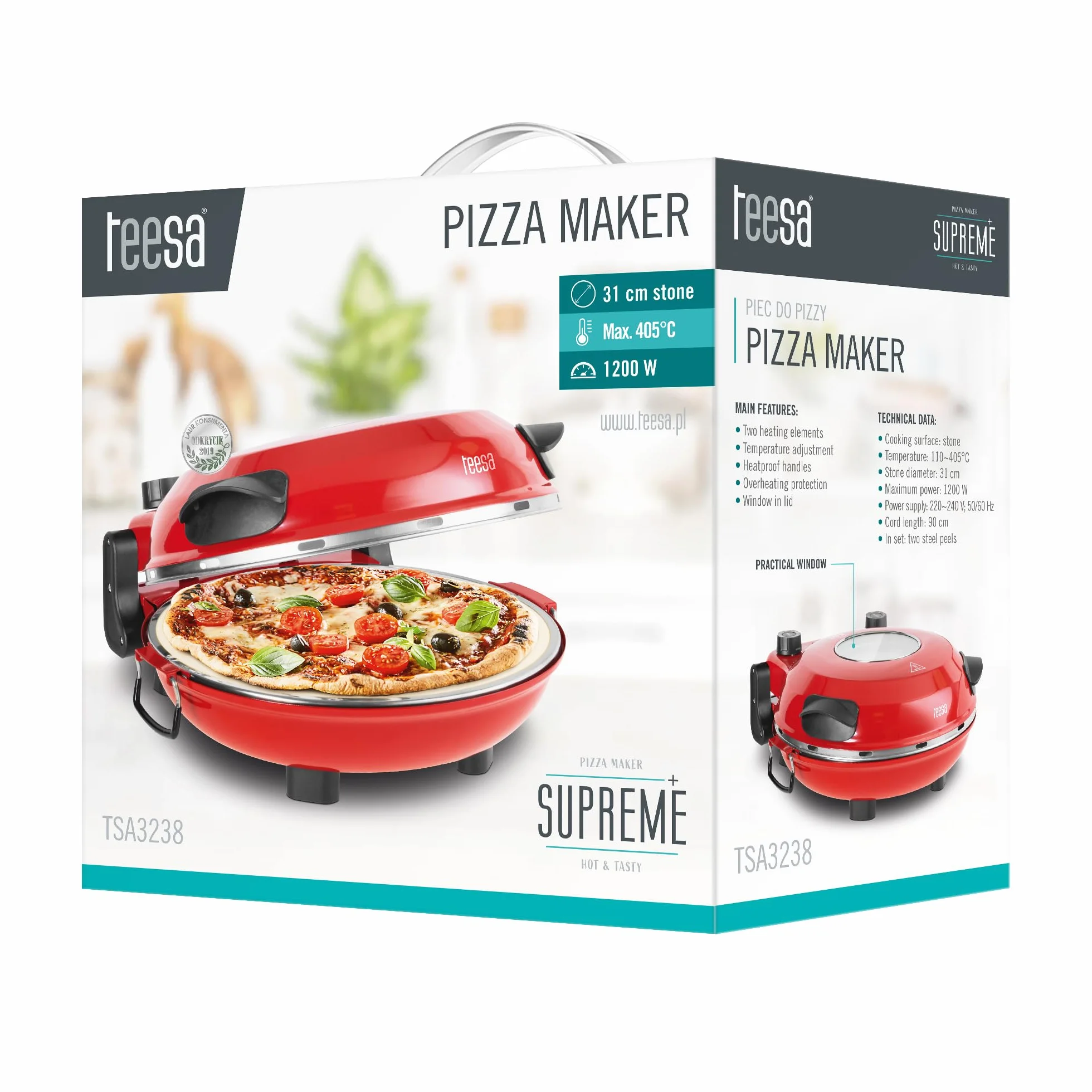Teesa Piec do Pizzy Supreme+ 405°C 1200 W Okienko Łopatki Wyjmowany Kamień Regulacja Temperatury TSA3238