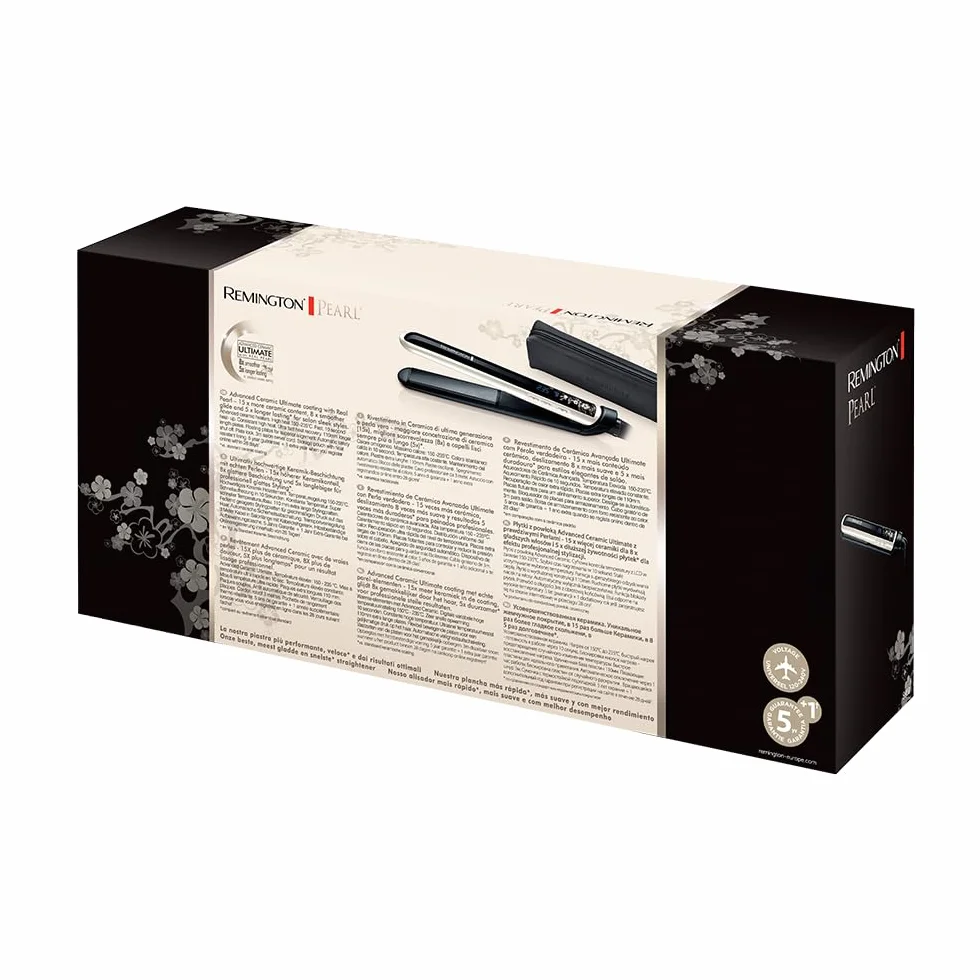 Remington prostownica do włosów, powłoka ceramiczna z perłami, zakres temp. 150-235°C, szybkie nagrzewanie, ruchome płytki, obrotowy przewód 3m, blokada płytek, etui, czarno-biała, Pearl Pro S9501