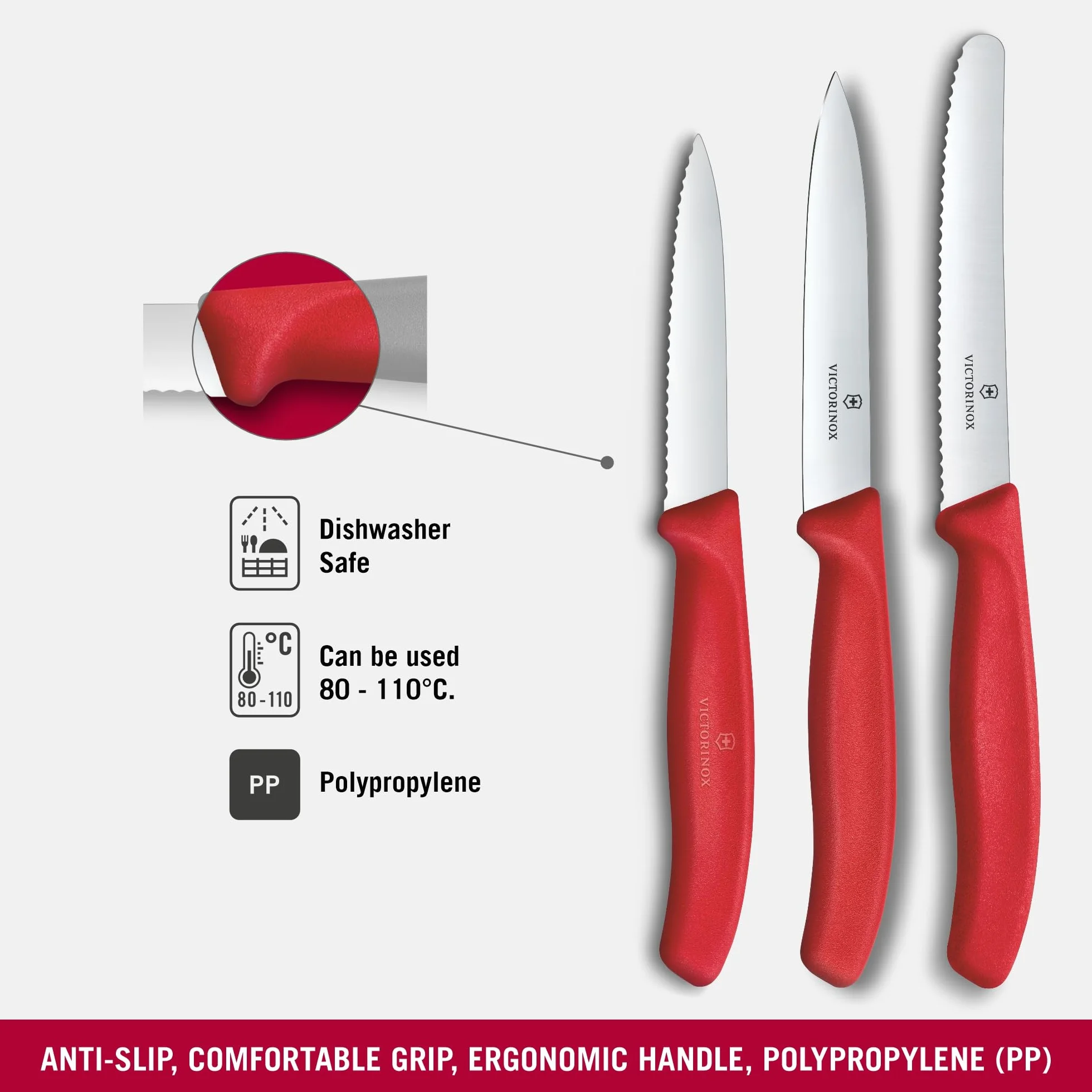 Victorinox Swiss Classic 3-częściowy zestaw noży kuchennych do obierania, nóż do pomidorów i nóż do musli, wytrzymały uchwyt z tworzywa sztucznego, stal nierdzewna, czerwony