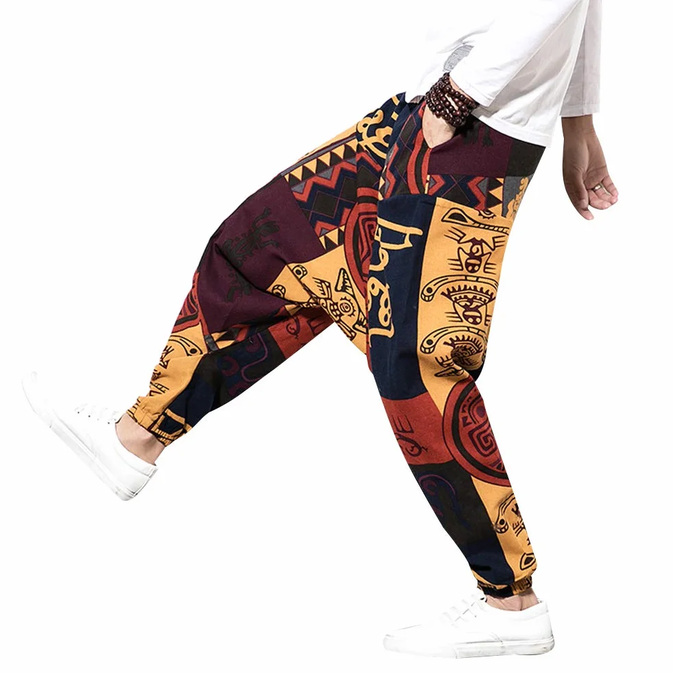 Męskie luźne spodnie hip-hopowe bawełniane lniane Harem Aladdin Yoga Casual Bohemia Bloomers spodnie z nadrukiem z kieszeniami