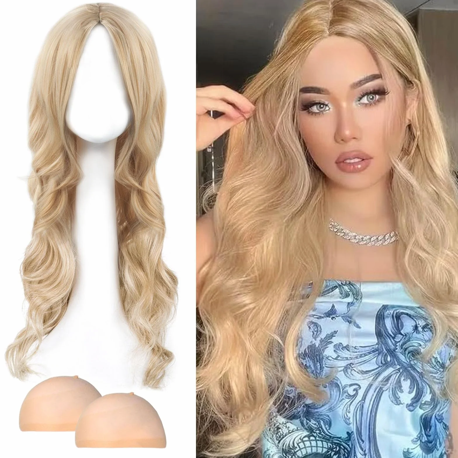 AYNKH Złota Fala Długa Peruka, Kędzierzawy 69 cm Fantazyjna Sukienka Glamour Pełna Fala Włosy Alternatywne Do Kostium Cosplay i Impreza