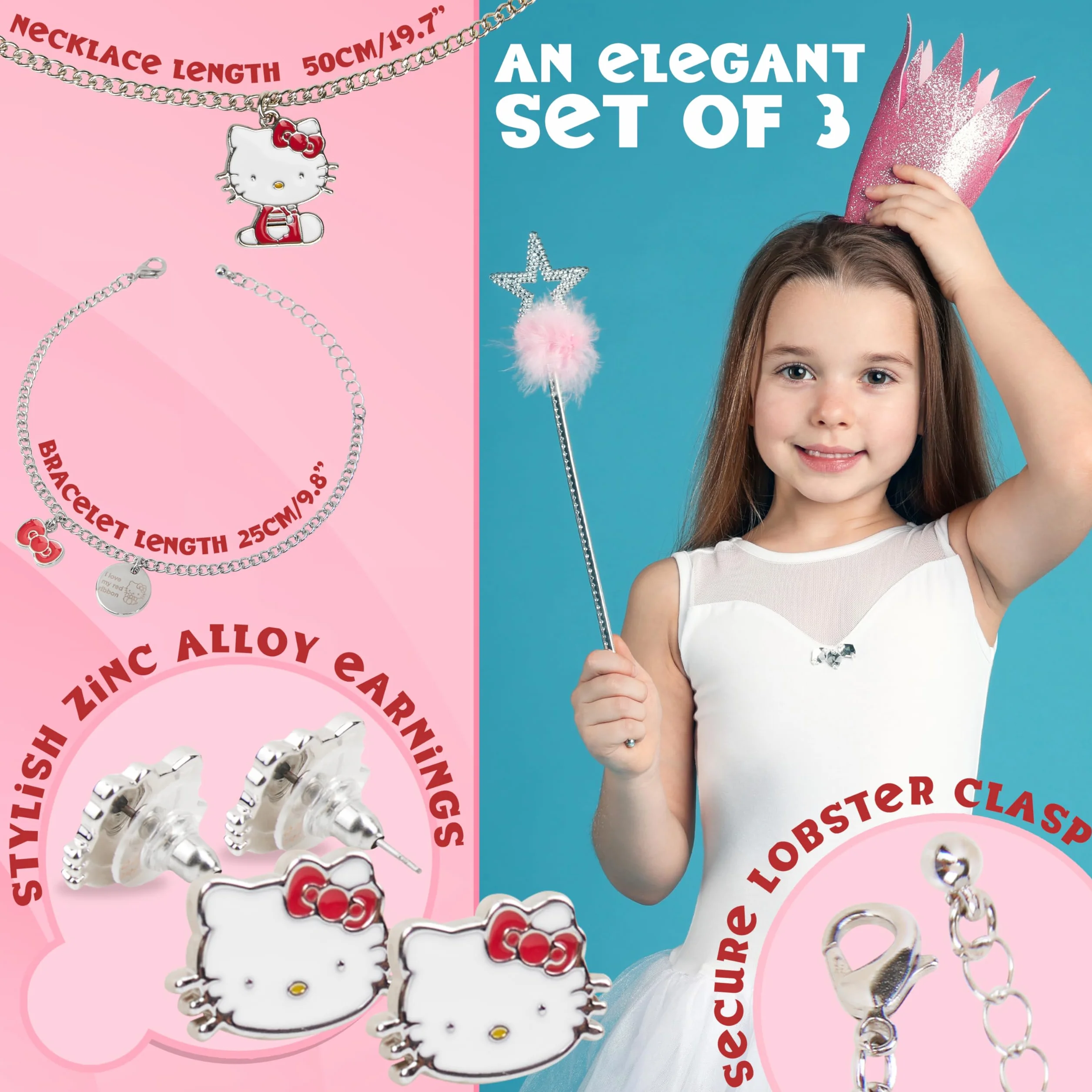 Hello Kitty Zestaw biżuterii dla dziewcząt i nastolatek, naszyjnik w kolorze srebrnym, bransoletka i kolczyki - Kawaii Gifts for Girls