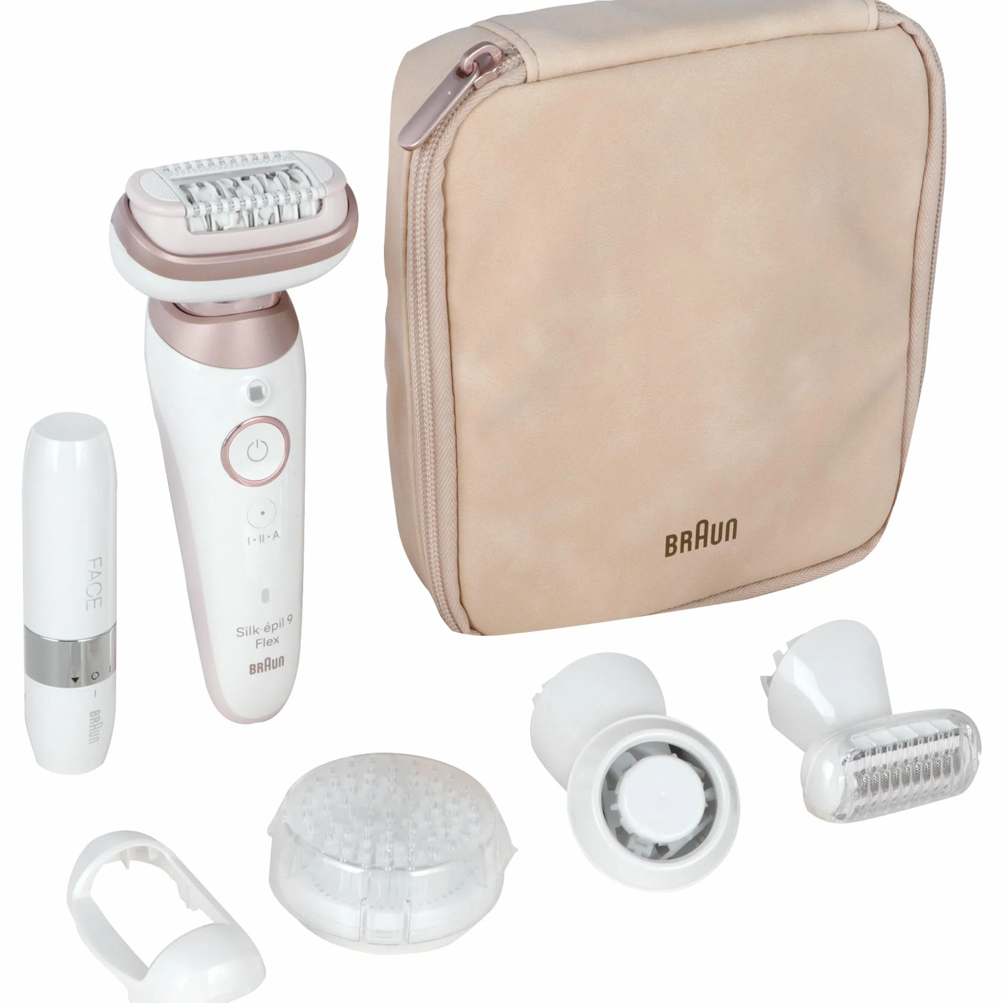 Braun Silk-épil 9 Flex depilator damski/depilator do długotrwałego usuwania włosów, mini golarka, nasadki do peelingu, 9-306 3D, biały/różowy tytan