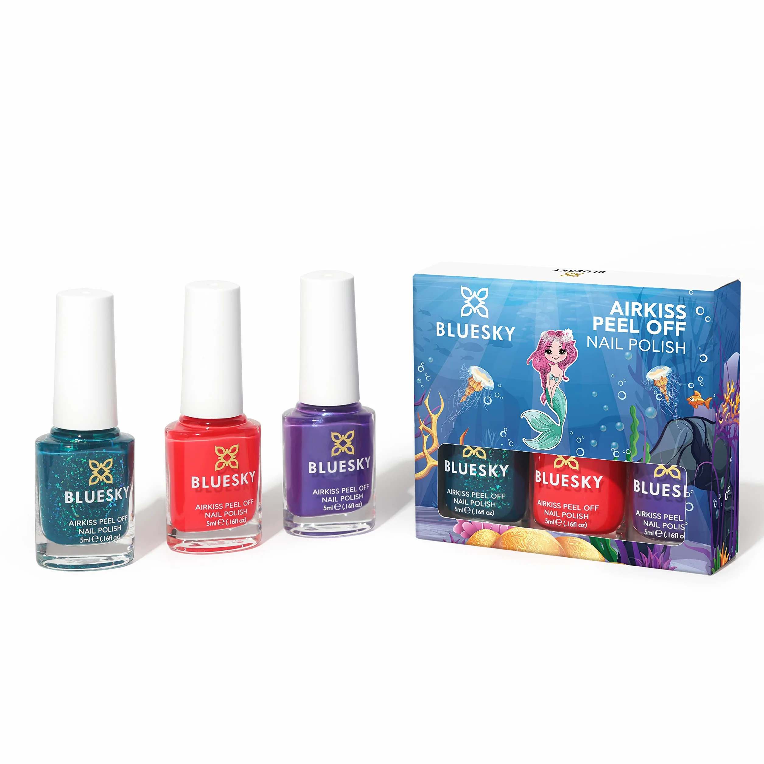 BLUESKY Kids Zestaw Lakierów do Paznokci dla Dzieci, Under the Sea Kolekcja, Czerwony, Zielony, Fioletowy, na Bazie Wody, 3 x 5 ml, z Naklejkami, Peel-Off