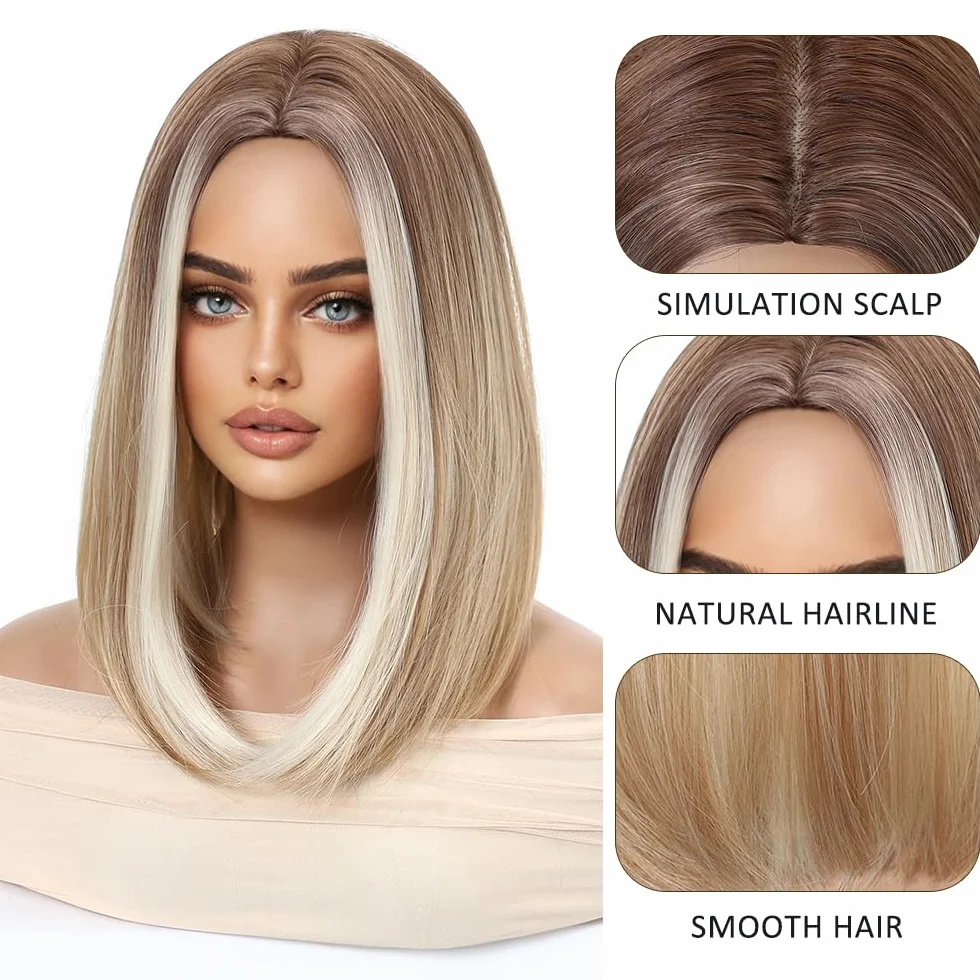 Esmee Krótka Prosta Blond Bob Peruka dla Kobiet Naturalne Syntetyczne Włosy Ombre Peruki z Brązowymi Korzeniami Cosplay Codzienne Użycie Imprezy -14 Cali