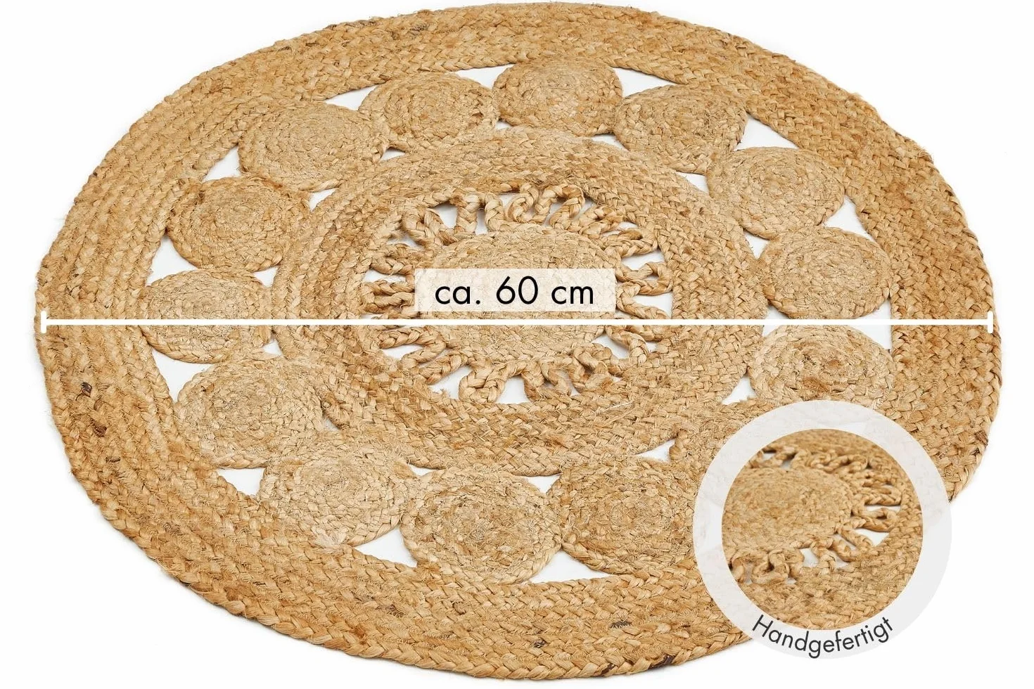Luxor Living Okrągły dywan Balo w stylu boho, juta, do sypialni, ręcznie tkany produkt naturalny z naturalnych włókien roślinnych, 60 cm, okrągły, beżowy