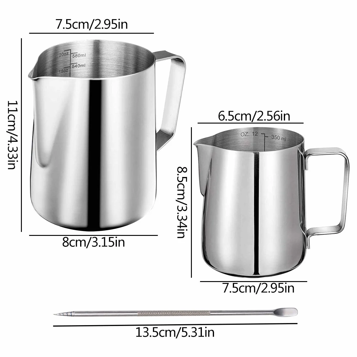 Dzbanek na mleko ze stali nierdzewnej, do spieniania mleka (350+600 ml) z 2 wymiarami i piórem artystycznym do latte, dla baristy