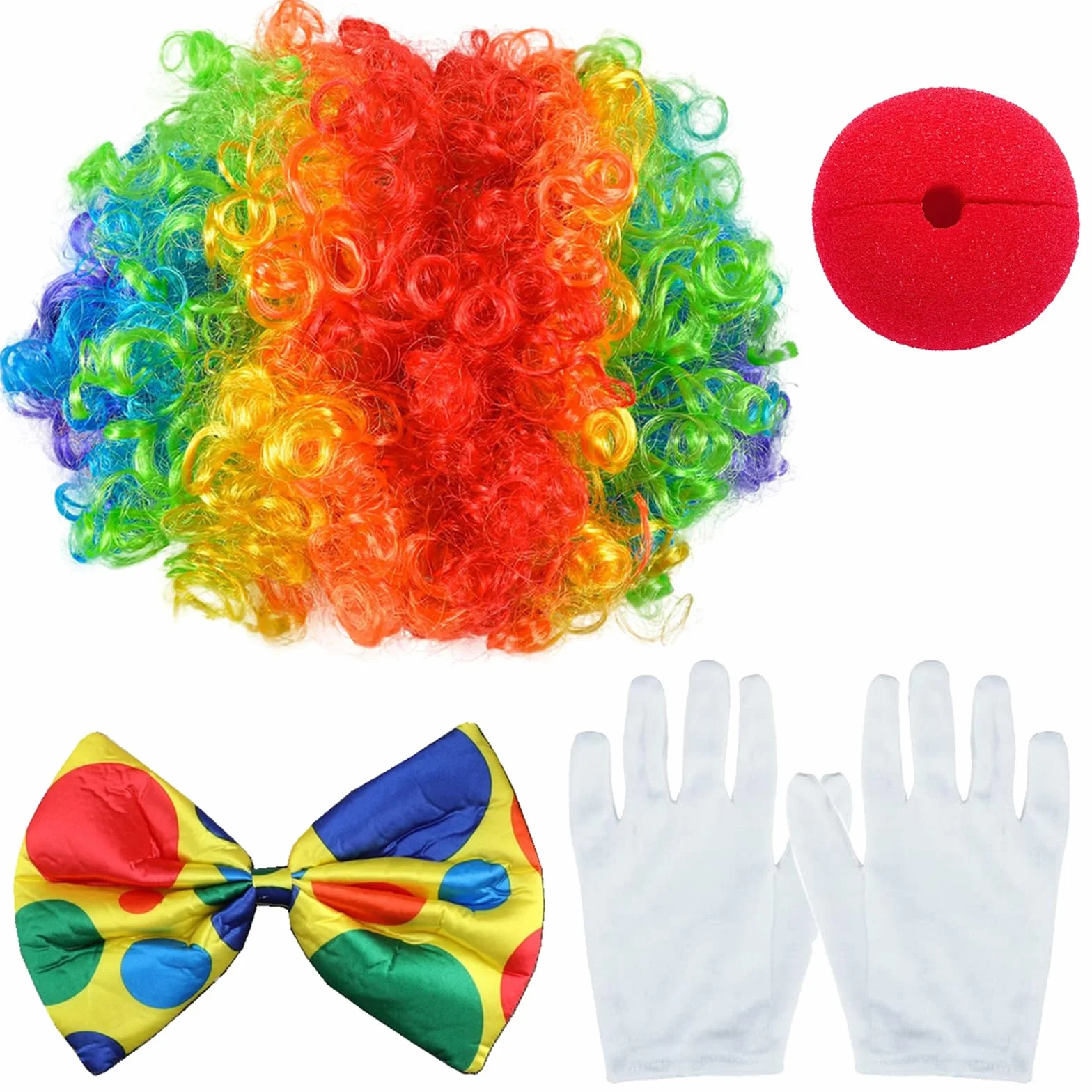4 szt. Kostium Klauna Halloween Akcesoria do kostiumu Circus Nos Klauna Białe rękawiczki Muszka Kolorowe Zabawne Peruki na Halloween Karnawał Spektakle Teatralne
