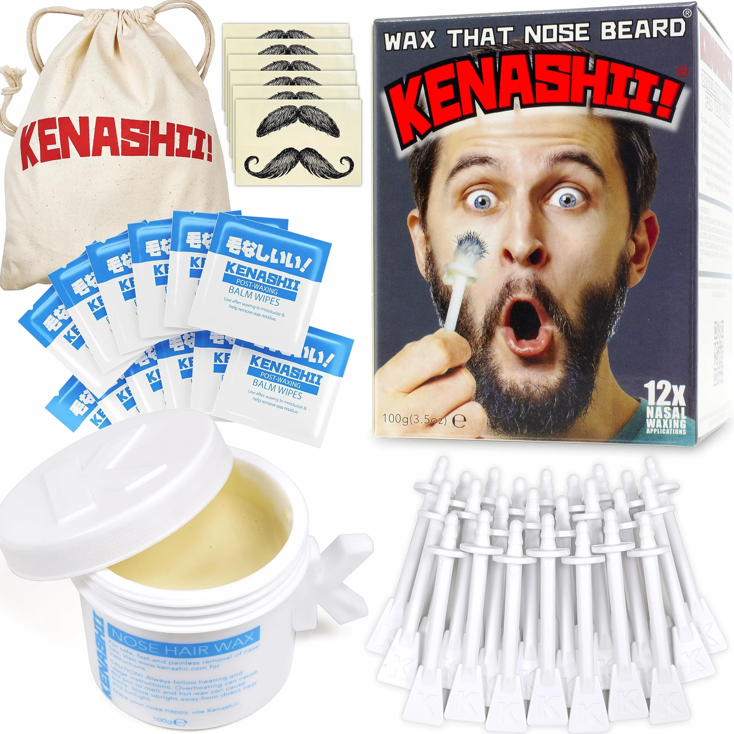 Zestaw wosku do nosa, wosk 100 g, 24 aplikatory, oryginalny i najlepszy zestaw do usuwania owłosienia nosa i uszu firmy Kenashii, wosk do nosa dla mężczyzn i kobiet, 12 zastosowań, 12 chusteczek
