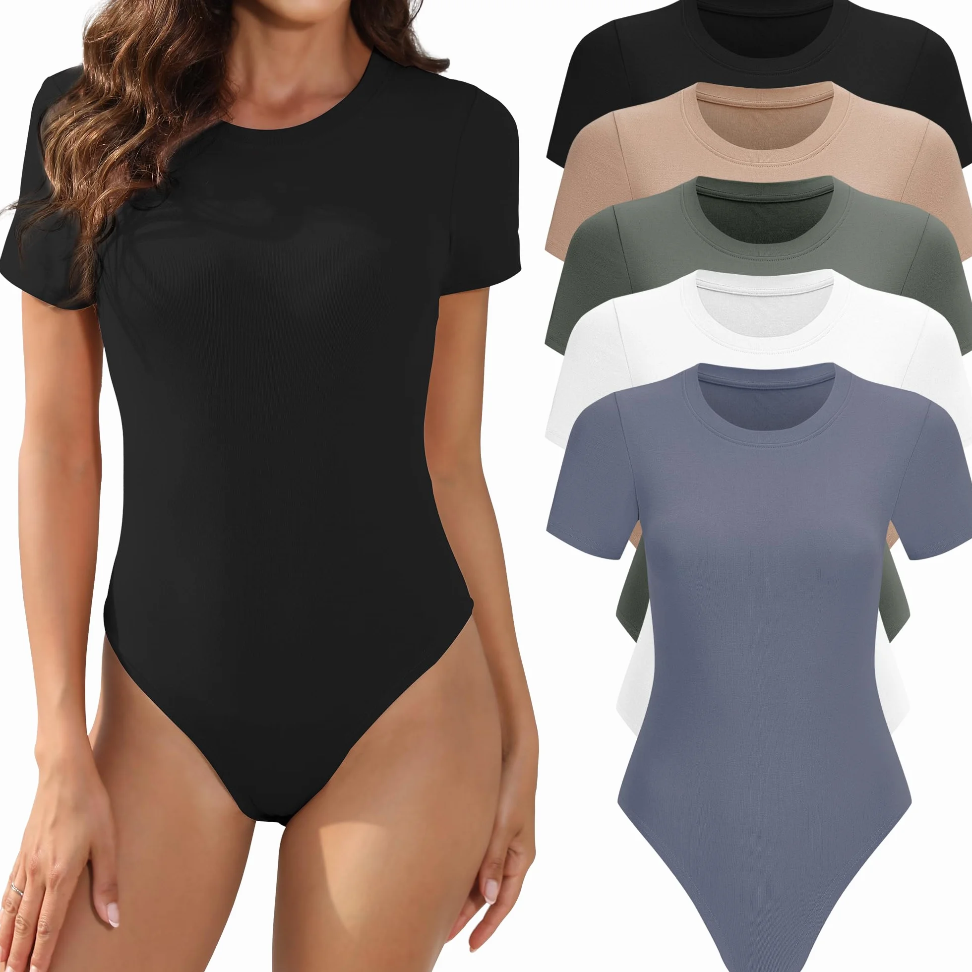 MLYENX 5-pak body dla kobiet z krótkim rękawem okrągły dekolt na co dzień rozciągliwy podstawowy t-shirt body topy