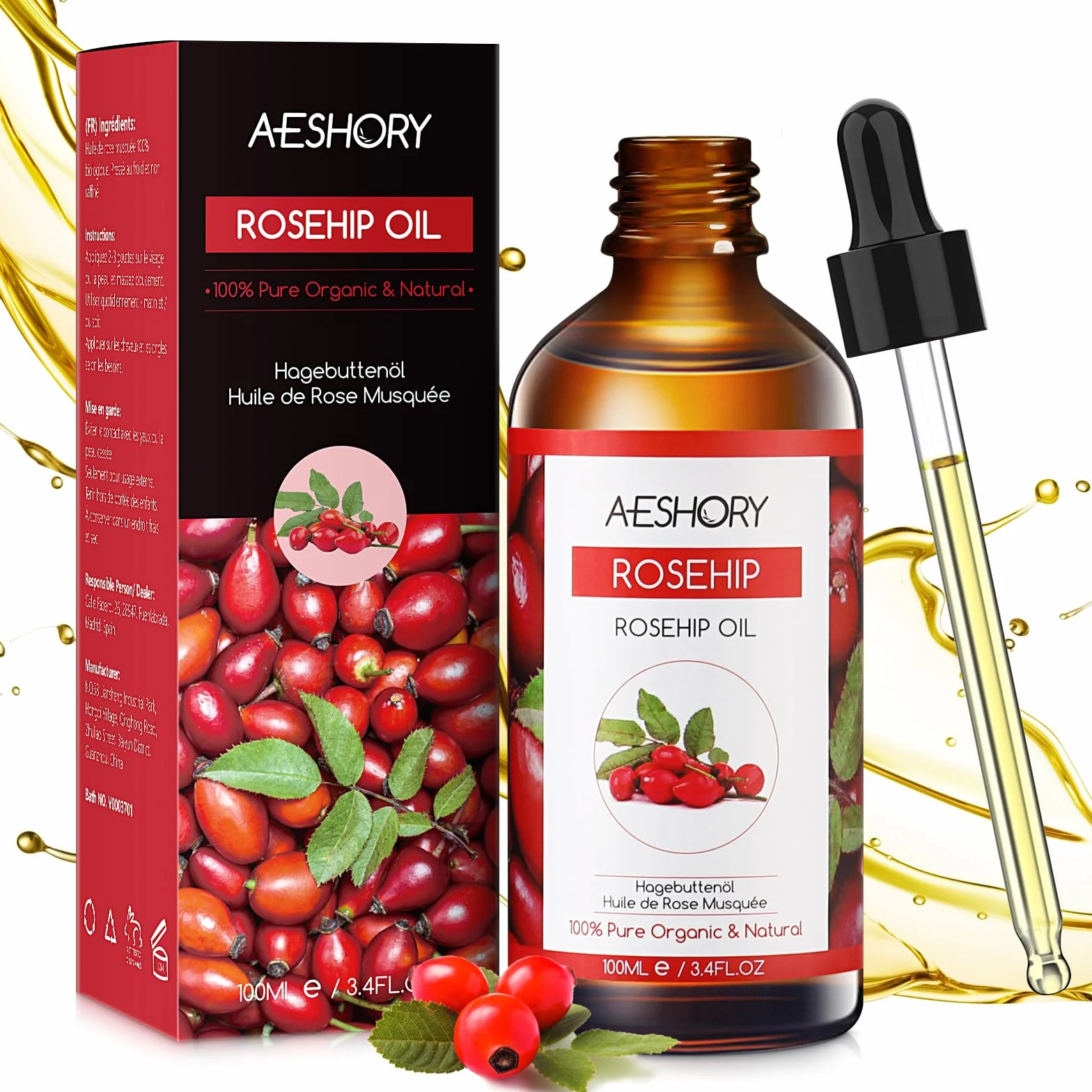 Aeshory Olej Z Dzikiej Róży Tłoczony Na Zimno 100 Ml, Czysty I Naturalny, Nawilżający I Odżywczy Olej Z Nasion Dzikiej Róży Do Twarzy, Skóry, Włosów, Paznokci I Ciała