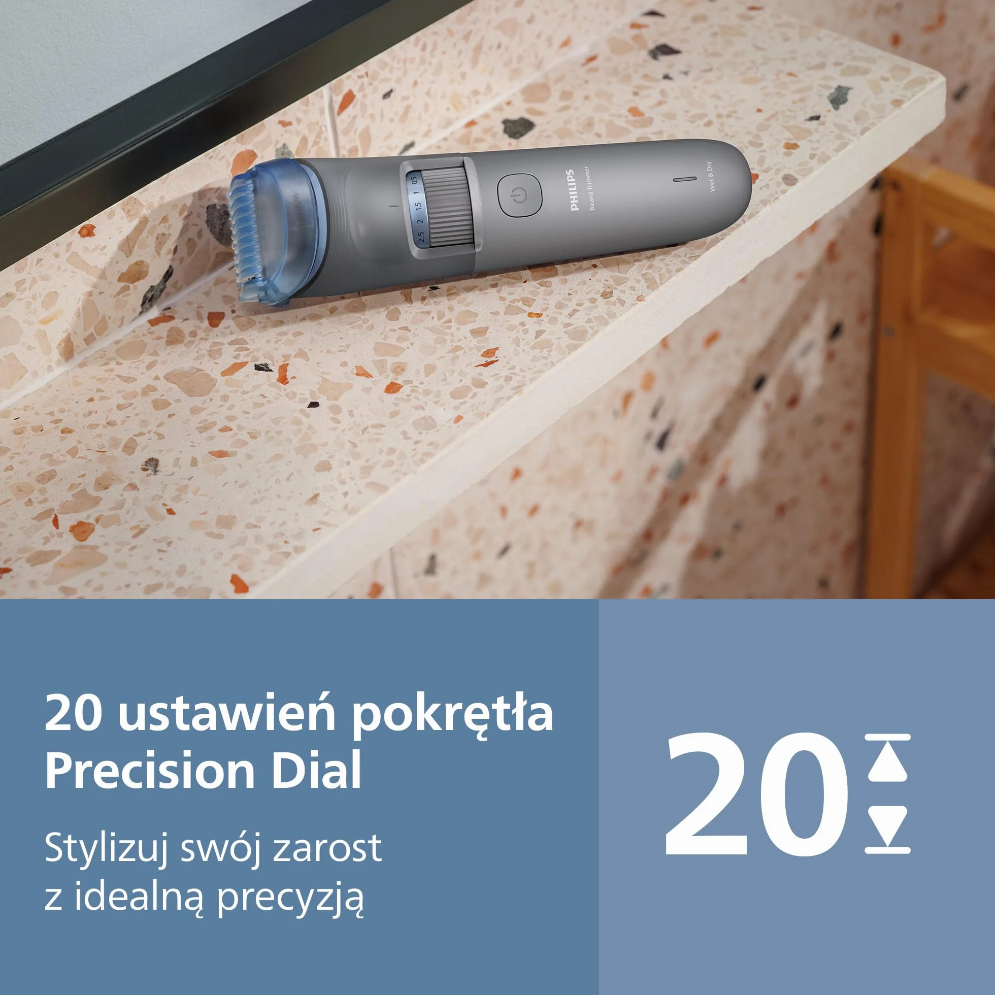 Philips Trymer do brody seria 3000 BT3619/15, samoostrzące się ostrza, 20 ustawień, wodoodporny