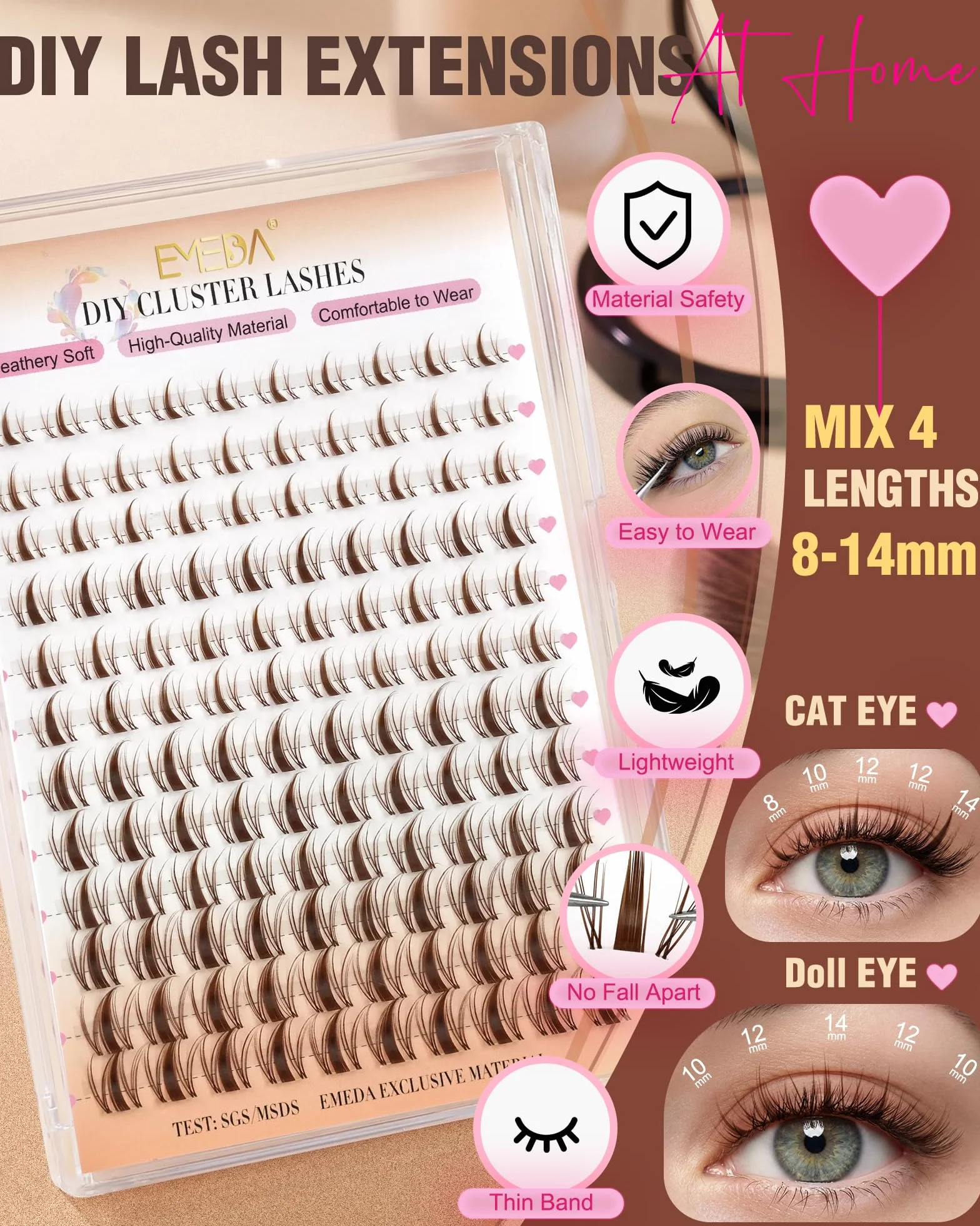 EMEDA Manga Naturalne Brązowe klastry rzęsy Wispy Anime DIY do Przedłużania Rzęs indywidualne rzęsy D-Curl z Przezroczysty i miękki band 8mm 10mm 12mm 14mm Mix Lash Clusters Łatwe do Nałożenia