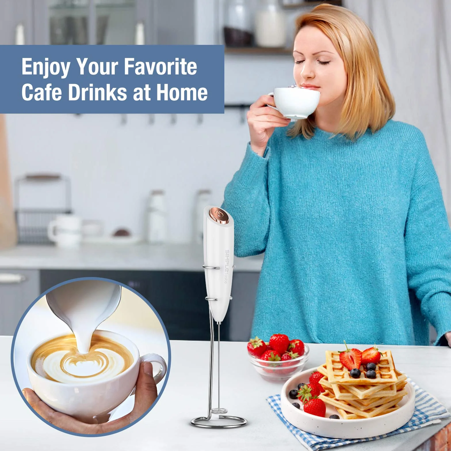 SIMPLETASTE Ręczny spieniacz do mleka, zasilany bateriami, mikser do napojów z trzepaczką ze stali nierdzewnej i stojakiem na cappuccino, kuloodporną kawę, latte