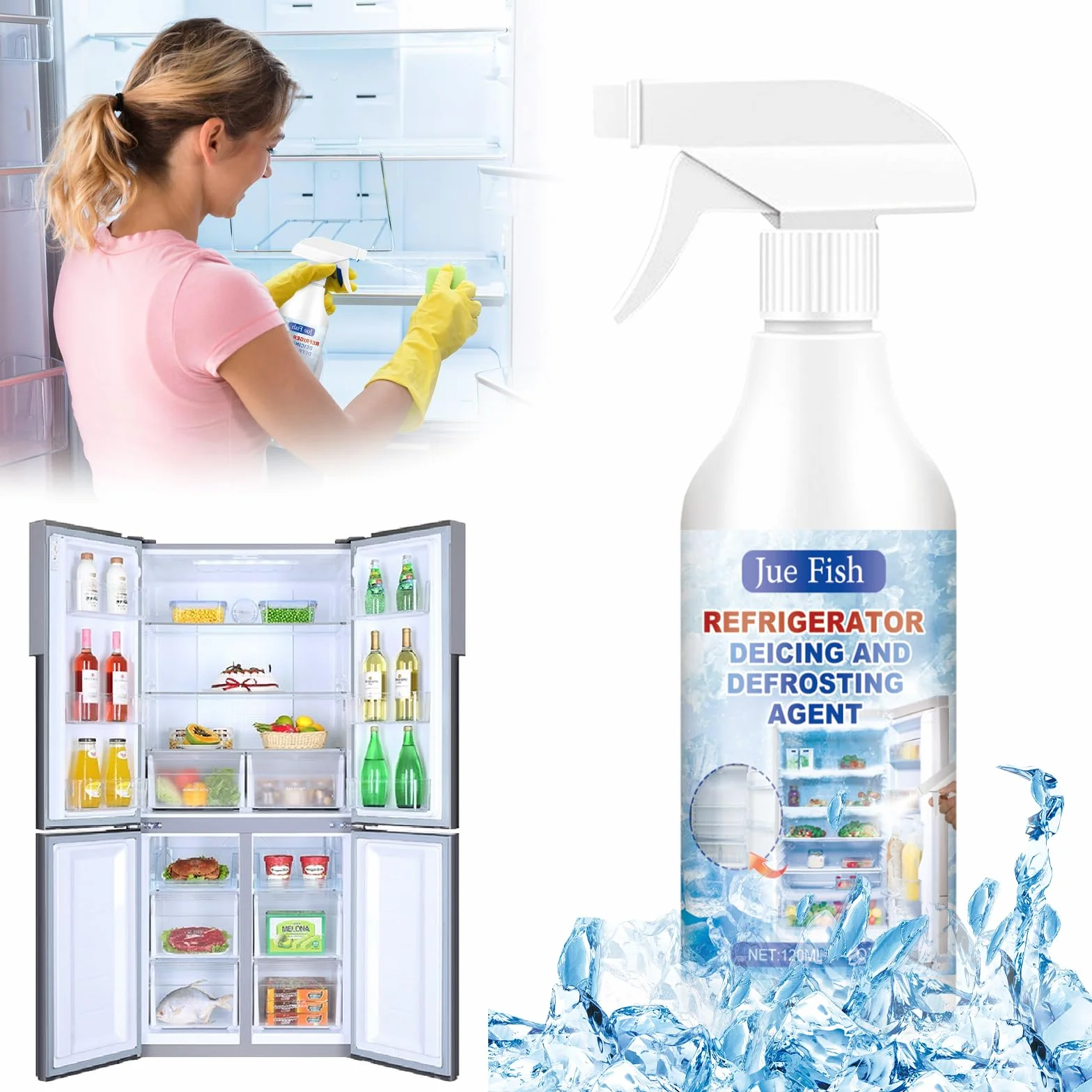 Hainue Środek do czyszczenia zamrażarki, spray do odmrażania w sprayu 120 ml, spray do zamrażalnika, do lodówek, odmrażania