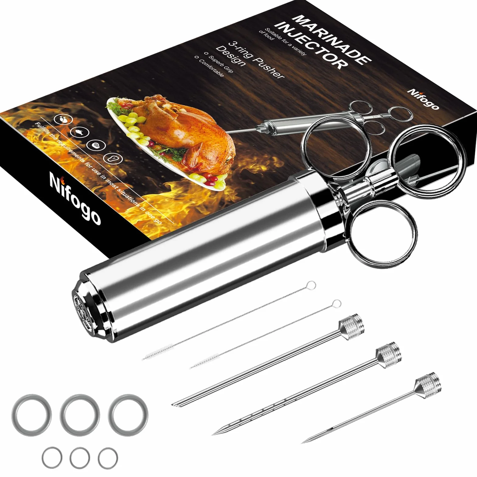 Strzykawka do Mięsa ze Stali Nierdzewnej - 60 ml do Marynowania, Pieczenia BBQ, Przypraw dla Wołowiny, Kurczaka, Wypieków z Dżemem - 3 Igły
