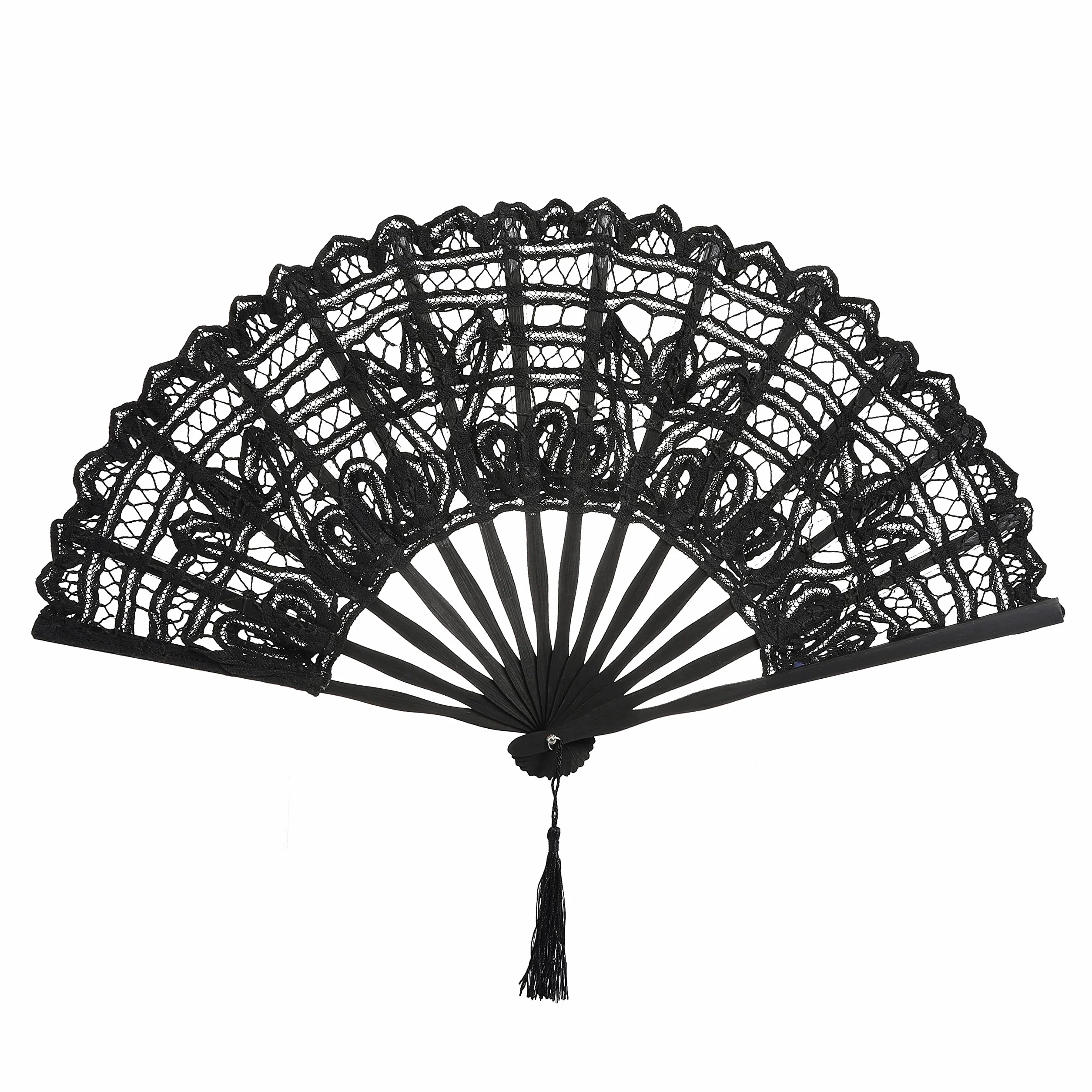 BABEYOND Wachlarz koronkowy w stylu vintage, z lat 20. Gatsby, dekoracyjny wachlarz z haftowaną bawełnianą koronką, dla panny młodej, na wesele, do tańca i na imprezę, czarny