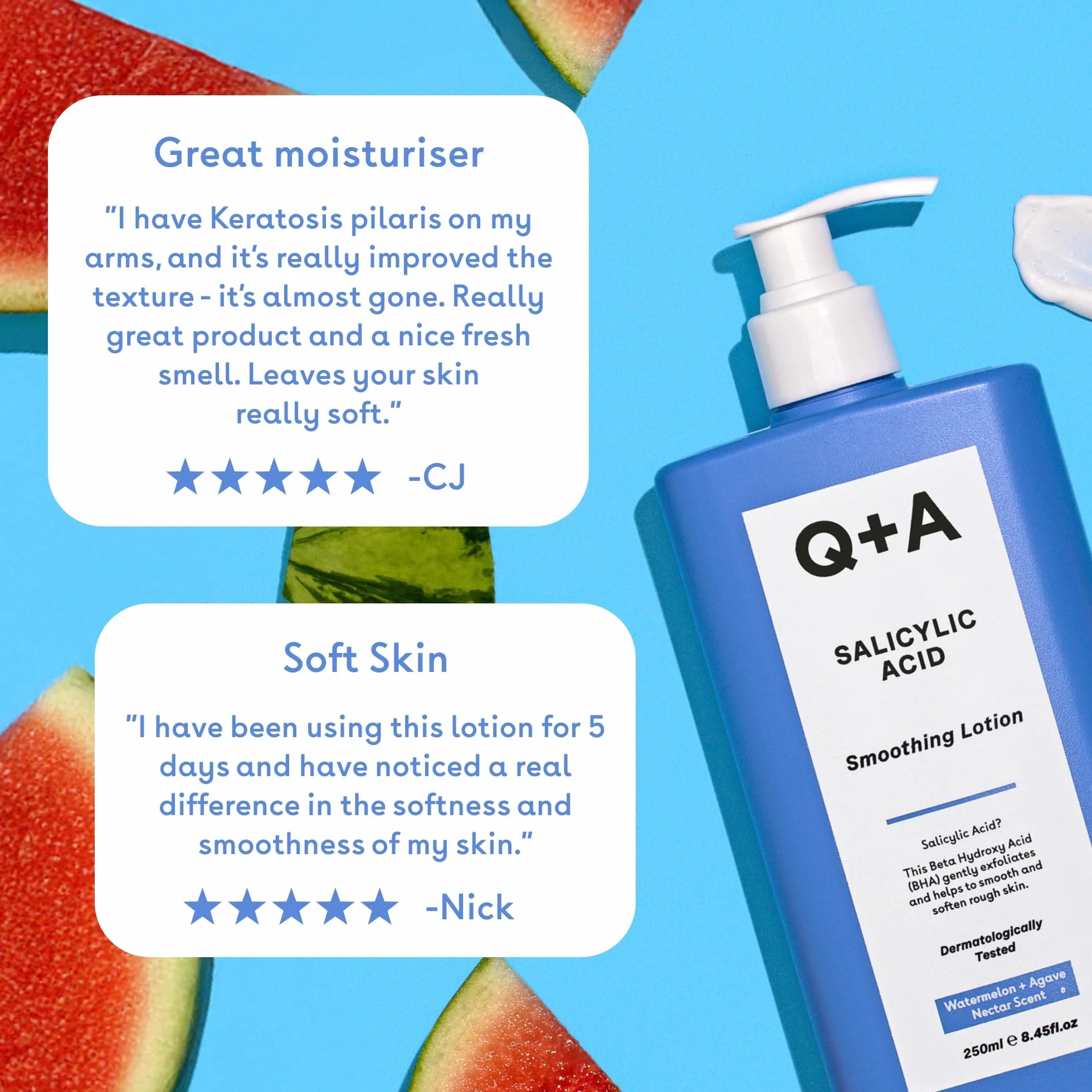 Q+A Balsam do ciała wygładzający z kwasem salicylowym (250ml), balsam do ciała z zapachami arbuza i agawy, alternatywa dla masła do ciała, wygładza szorstką, grudkowatą skórę, usuwa przebarwienia i
