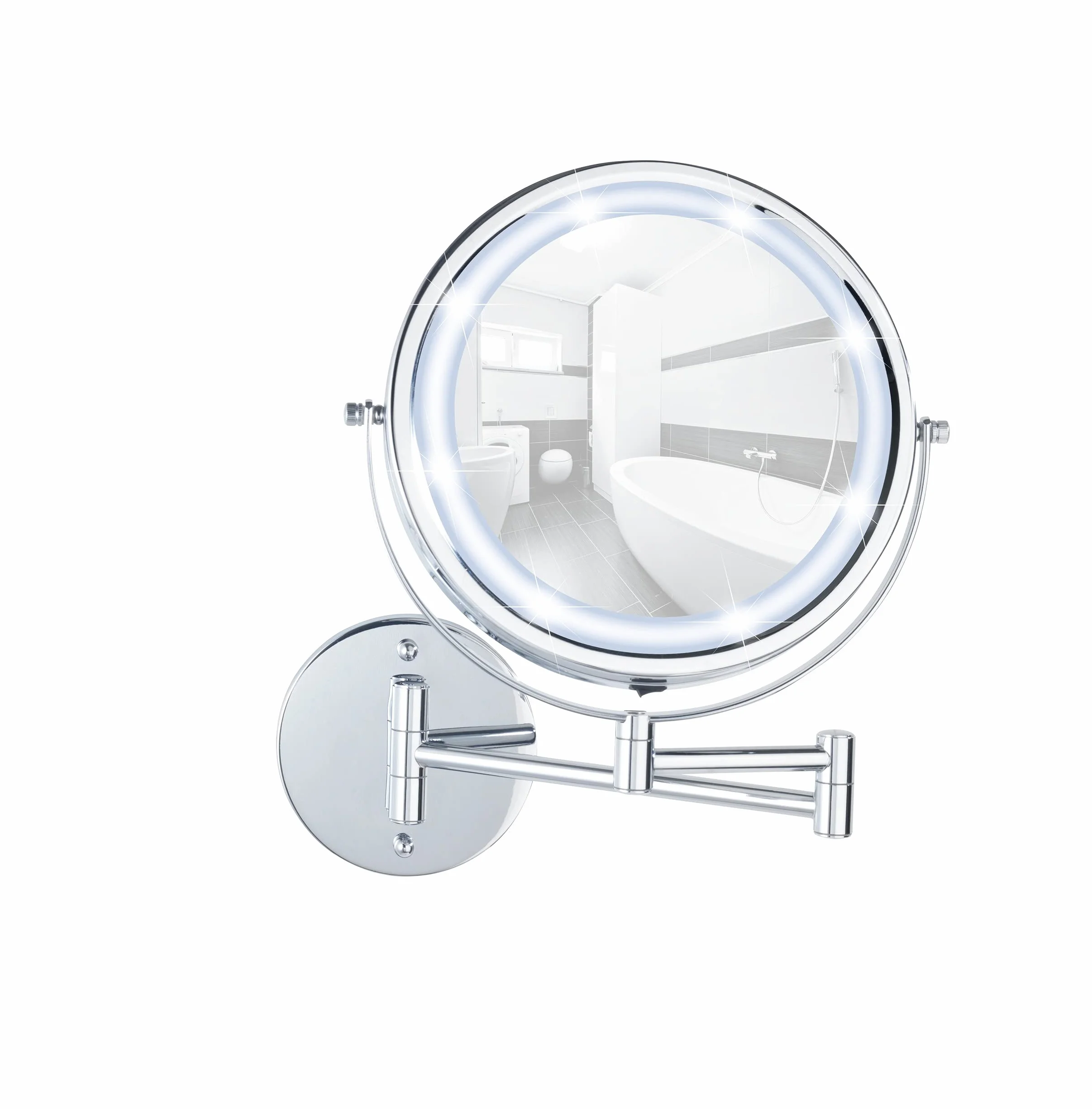 WENKO Power-Loc Lumi lustro ścienne LED, 5-krotne powiększenie, mocowanie bez wiercenia, zasilanie bateryjne, powierzchnia lustra Ø 17,5 cm