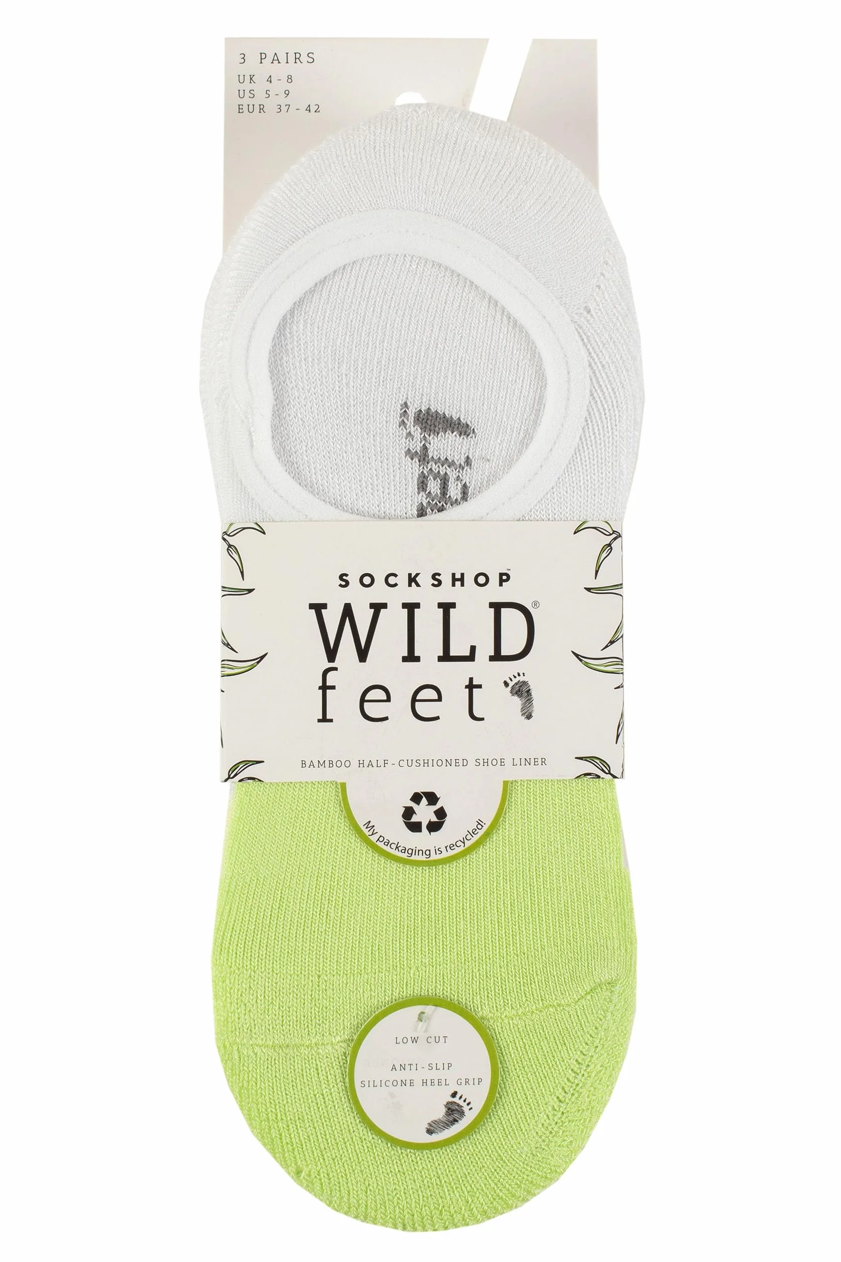 SockShop Wildfeet damskie skarpety wewnętrzne do butów, bambusowe, półwyściełana podeszwa, antypoślizgowe uchwyty na pięcie, 3 pary, rozmiar 37-42