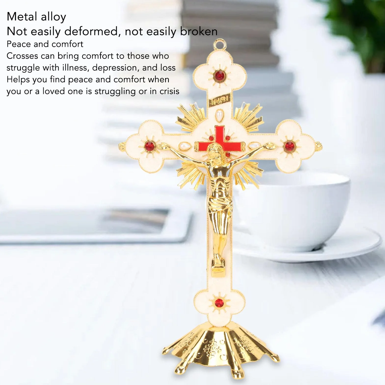 Fockety Stojący Krzyż Znakomity Metalowy Krzyż Stojący Elegancki Retro Retro Krzyż Krzyż Czerwony Rhinestone Dekoracji Z Podstawą Katolicki Krzyż Jezusa Długotrwały