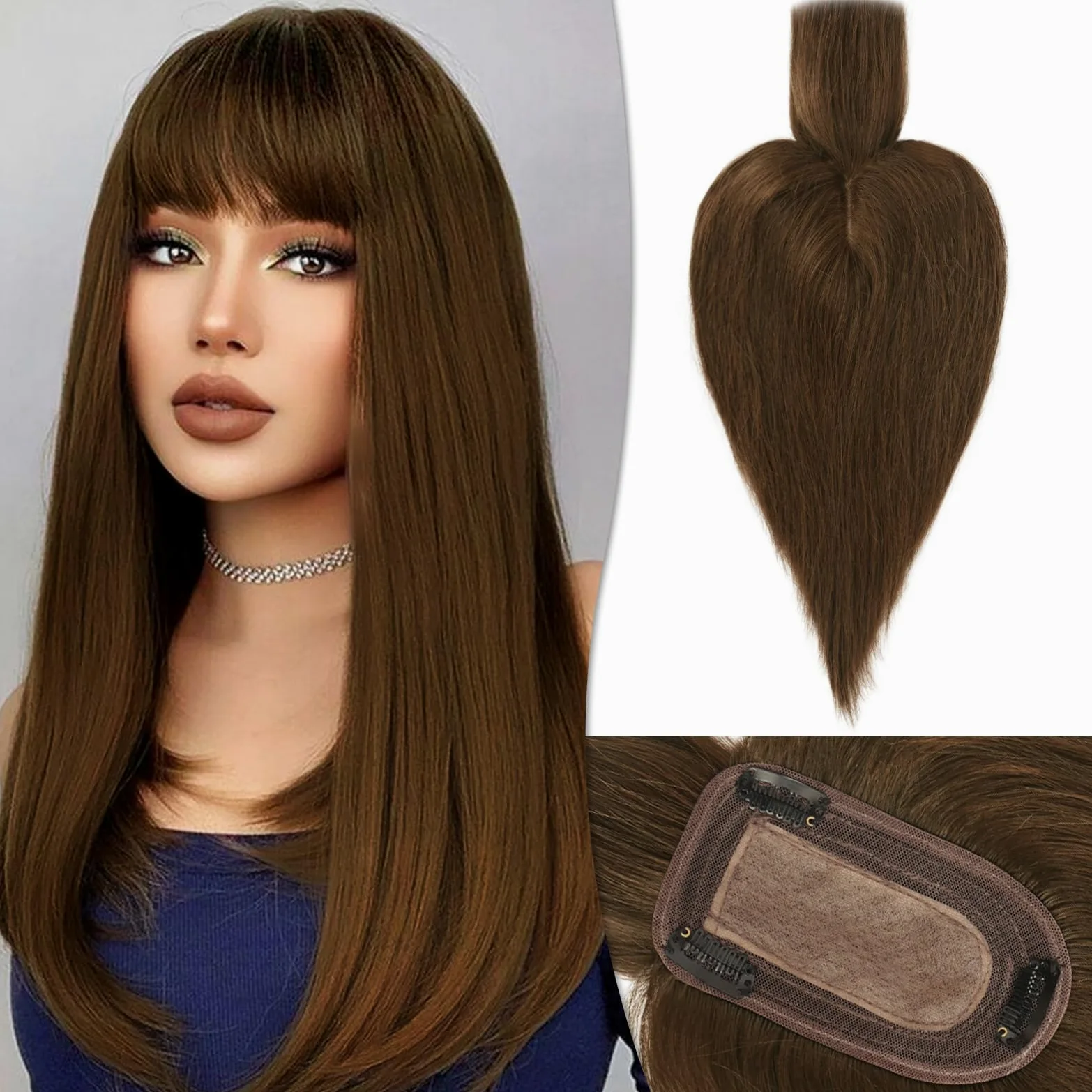 RUWISS Top z grzywką z prawdziwymi włosami, korona Topper Clip dla kobiet do przerzedzania włosów 7,5 x 13 cm jedwabna podstawa 100% prawdziwe ludzkie włosy klipsy topper 35 cm 45 g 4 #
