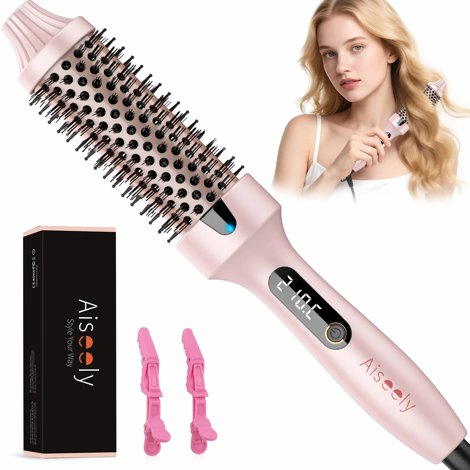 AISEELY Thermal Brush 38 mm, Lonic 3 w 1 szczotka grzewcza, 160-220°C, z podgrzewanym grzebieniem, szczotka do wygładzania włosów, szczotka termiczna, objętość i luźne klamry