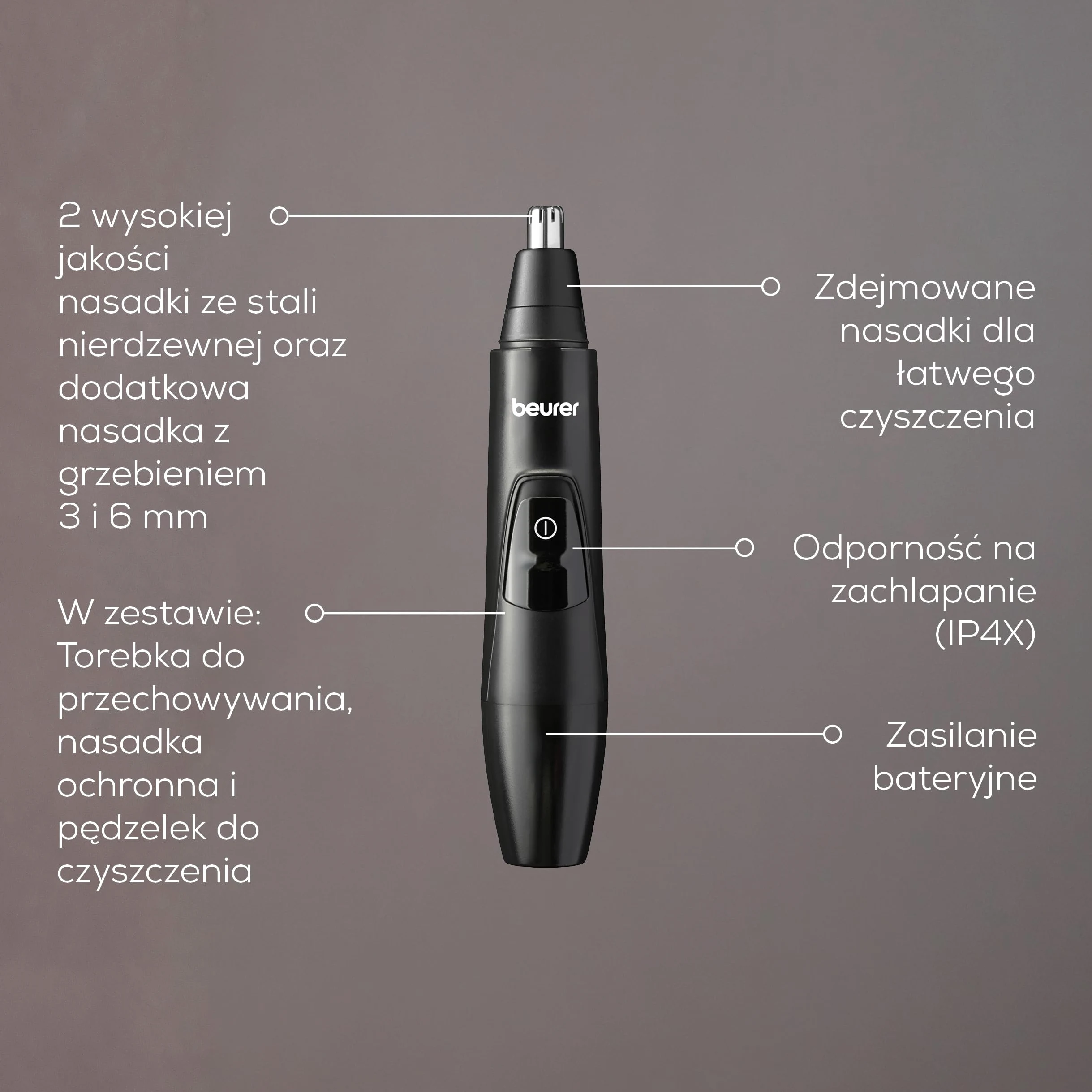 Beurer MN2X trymer precyzyjny, bateryjna Maszynka do strzyżenia włosów, 3 wysokiej jakości Końcówki, trymer do modelowania i przycinania włosków nosa, uszu i brwi, wodoszczelny