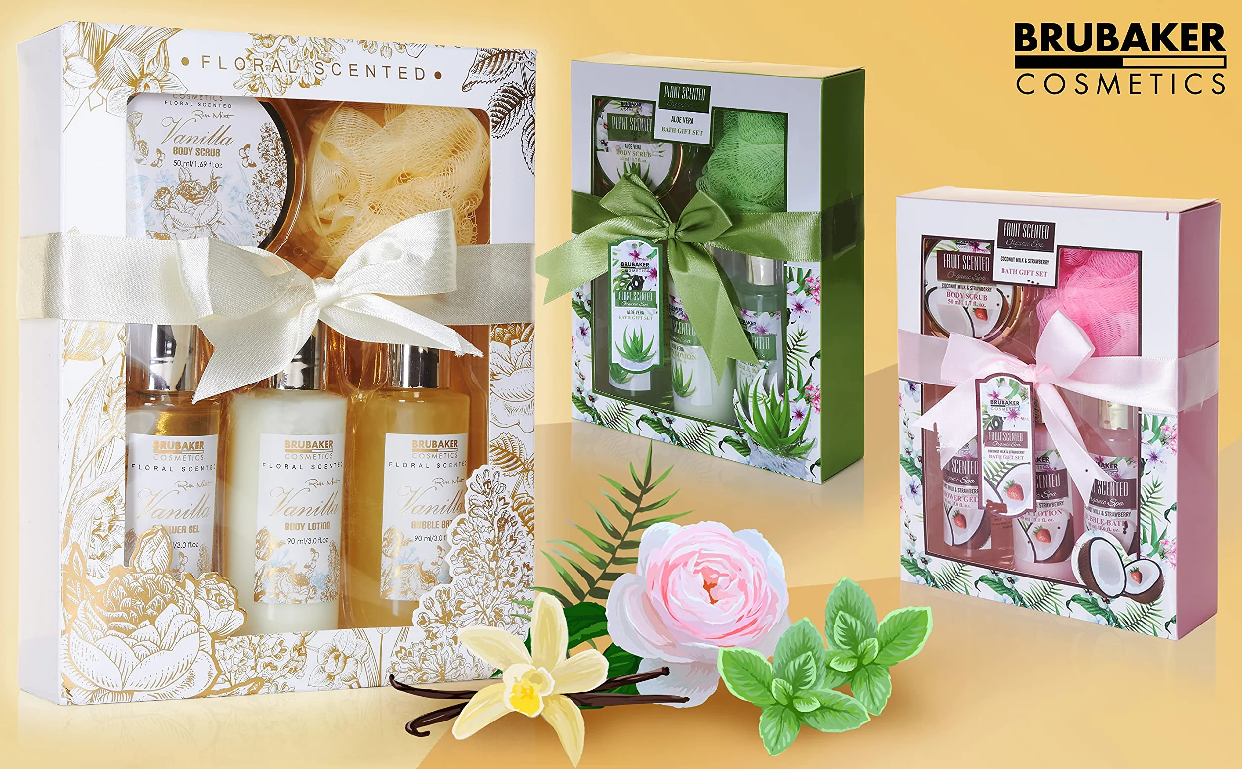 BRUBAKER Cosmetics Zestaw Do Kąpieli I Pod Prysznic Wanilia Mięta Różana 5-Częściowy Upominkowy