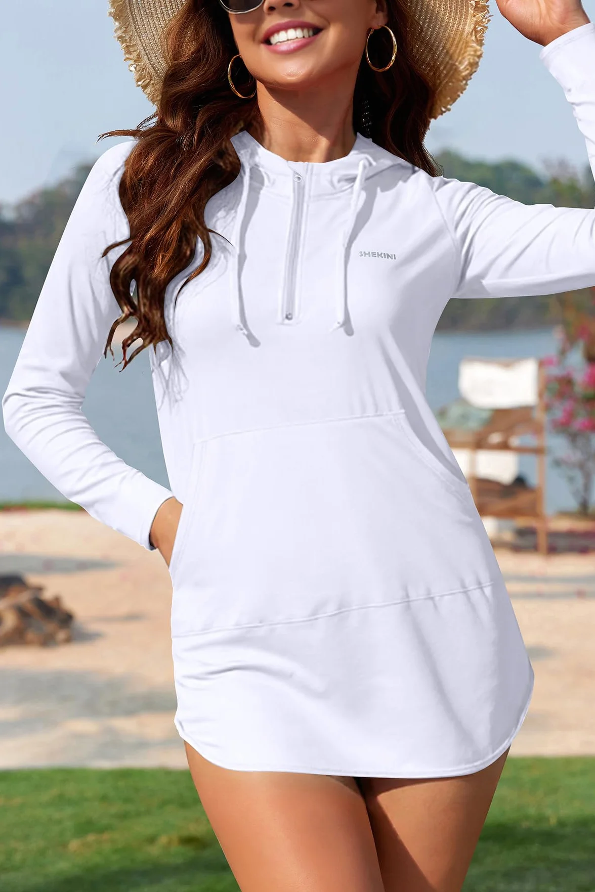 SHEKINI Rashguard damska koszulka z kapturem, długi rękaw, ochrona przed słońcem, szybkoschnąca, z kieszeniami, surfing, pływanie, moda kąpielowa, kostium kąpielowy