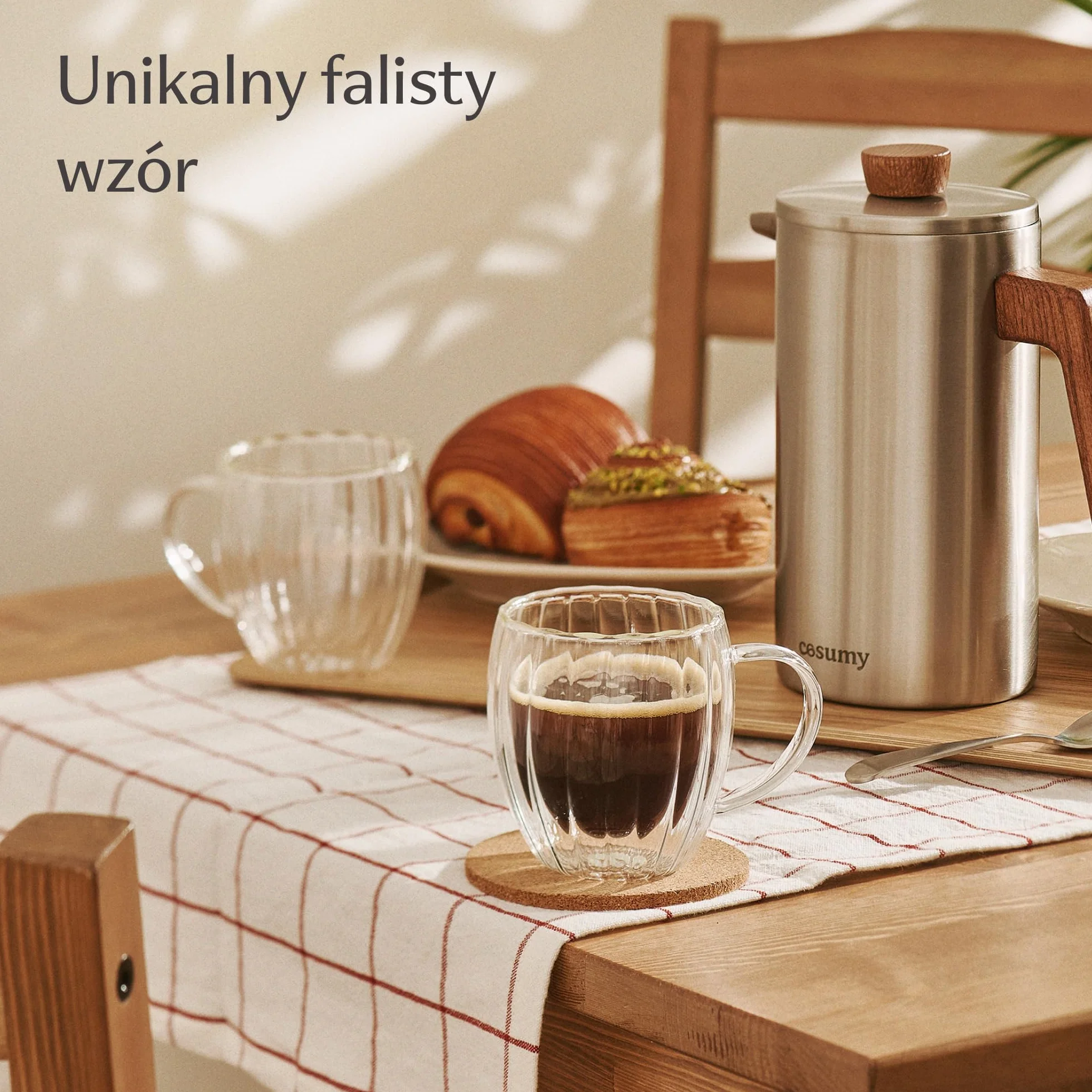 Cosumy Filiżanki do Cappuccino Szklane Dwuścienne - 4szt 230ml - Efekt pływający izolujący ciepło - Żłobkowana konstrukcja - Odporne na ciepło - Można myć w zmywarce