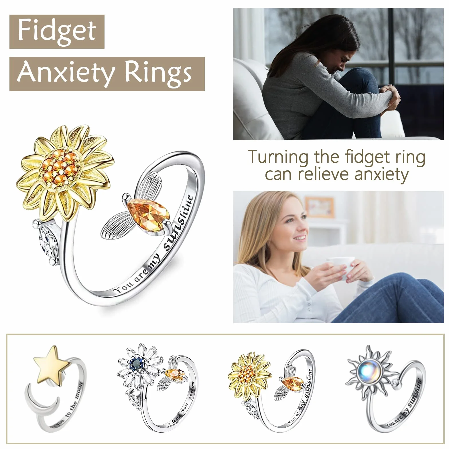 Fidget Ring dla kobiet i dziewcząt, otwarty, regulowany pierścień zwalczający stres, słonecznik, stokrotka, motyl, gwiazda, księżyc, pierścienie spinningowe