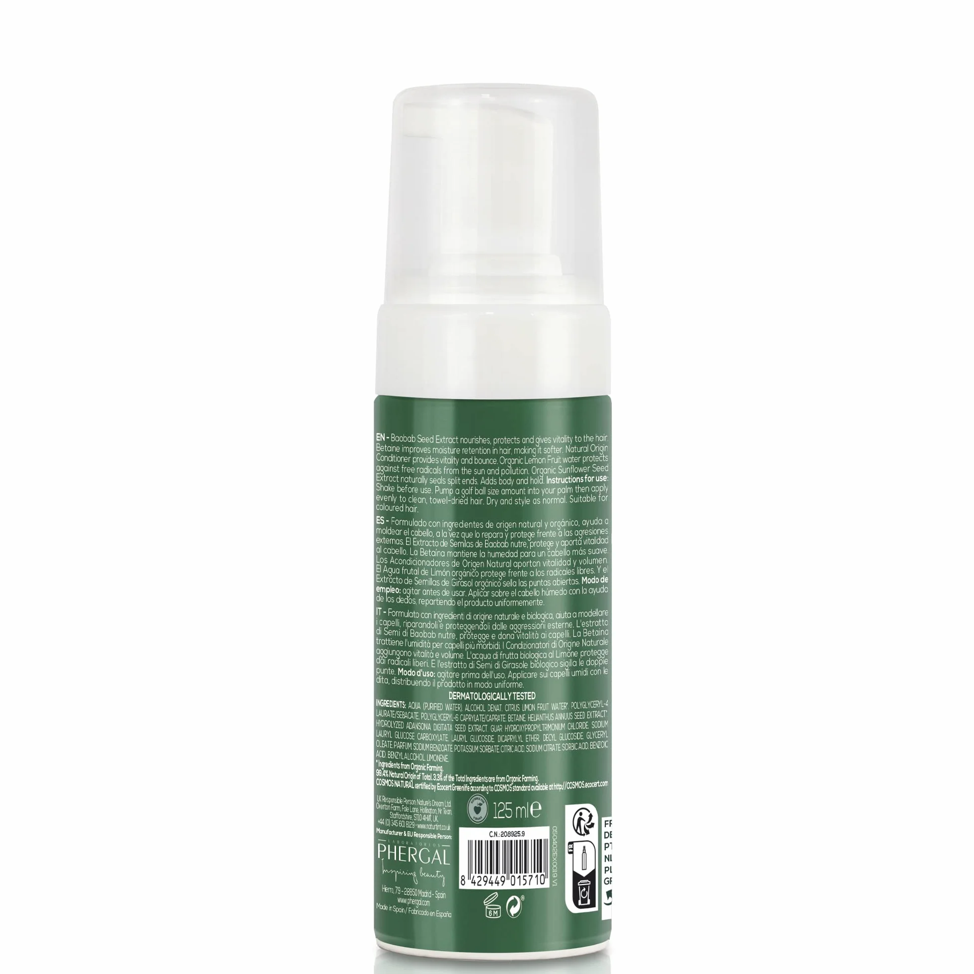 Naturetint Eco Forming Foam - Naprawy i chroni zewnętrzne agresje, 99% naturalnych składników, płynniejszych, elastycznych i mocnych włosów, ekstrakt baobabowy -125 ml