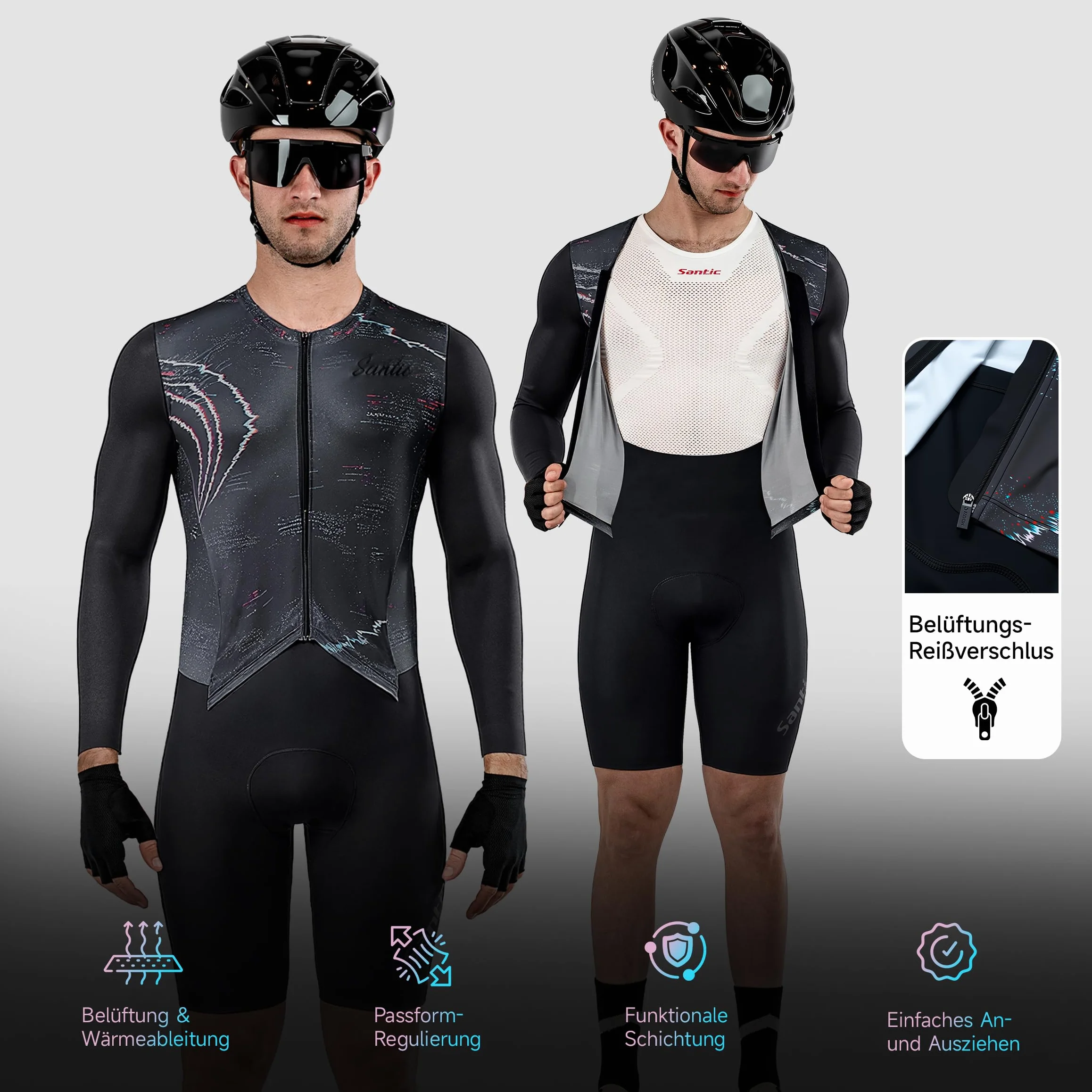 Santic Męski dres triatlonowy, jednoczęściowy, z długim rękawem, triatlon, z wyściółką, krótki kombinezon do triatlonu, wysoka elastyczność, wyszczuplający strój rowerowy