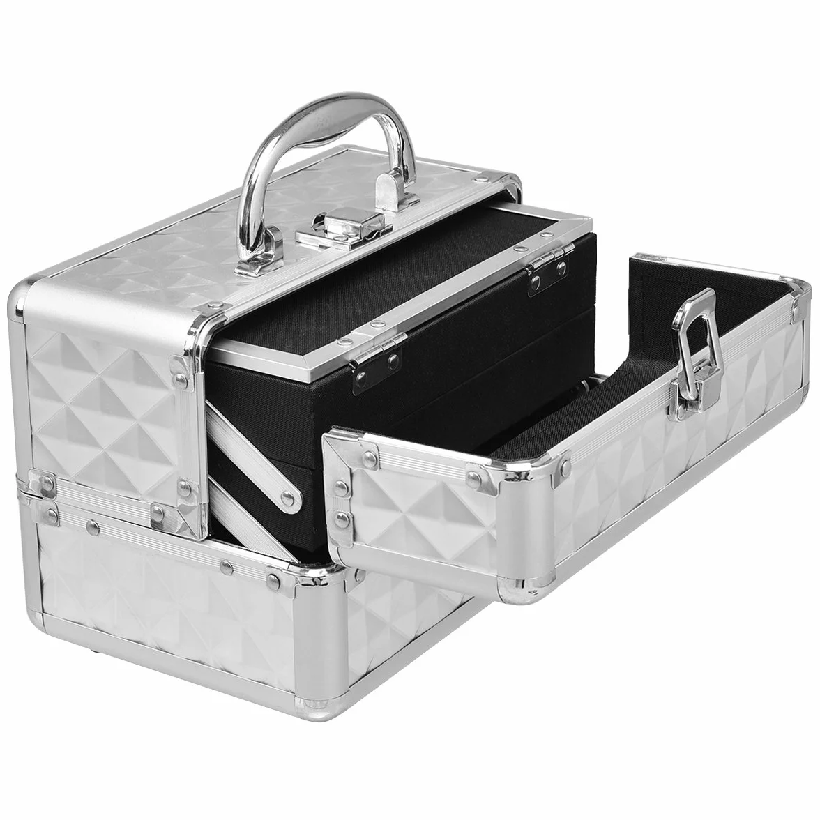 COSTWAY kuferek kosmetyczny Beauty Case, kuferek na biżuterię, walizka fryzjerska z lustrem, srebro, 23 x 15 x 18cm