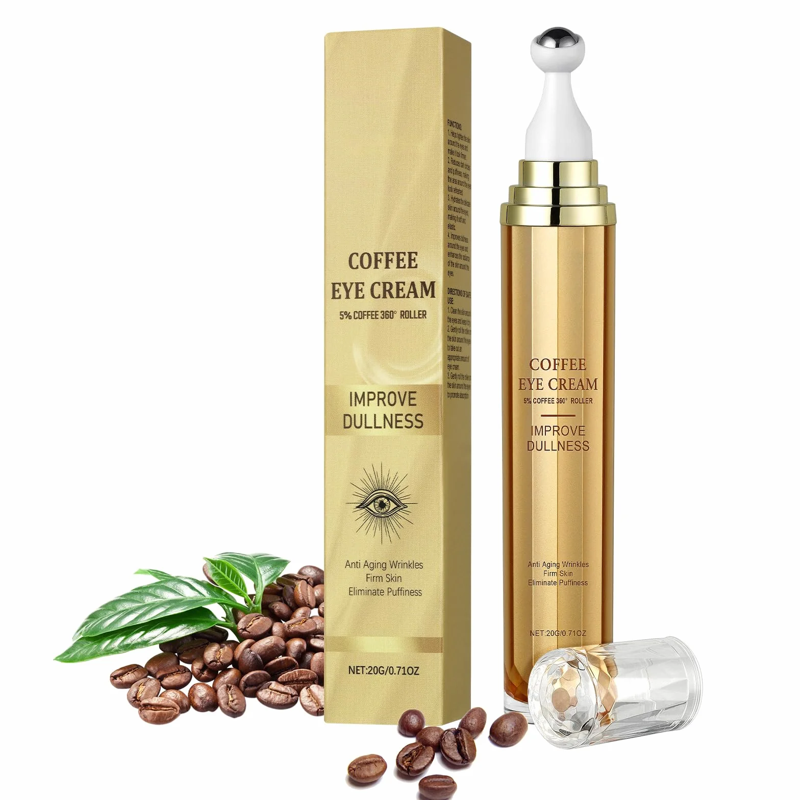 Serum do oczu dla mężczyzn i kobiet, 20 g płynów z kofeiną do oczu, serum do konturowania oczu z aplikatorem w rolce do rozjaśniania worków i cieni, przeciw starzeniu się (1 szt.)