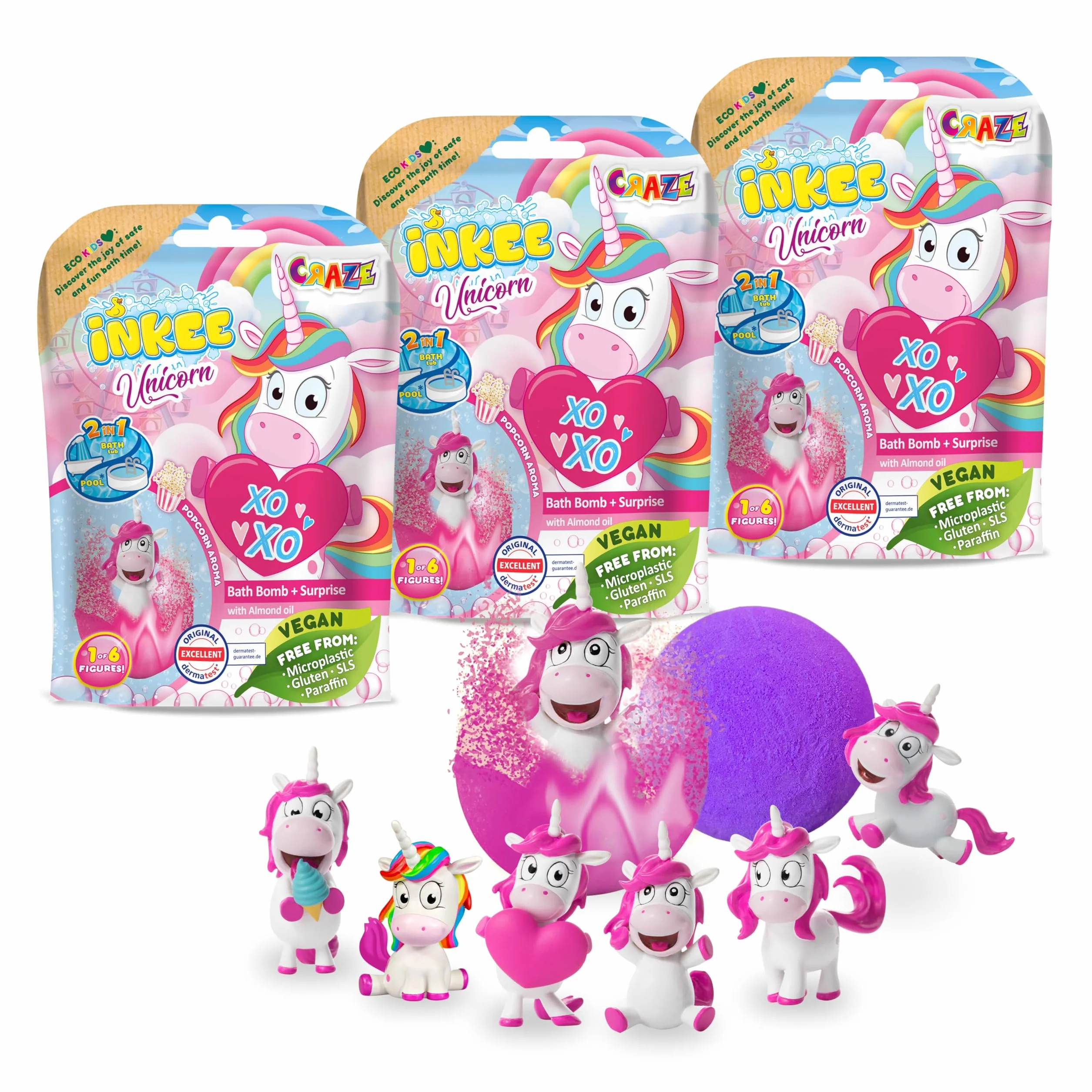 INKEE Świnka Peppa Zestaw 3 Bomb Kąpielowych z Figurkami Peppa Pig, Musujące Kule dla Dzieci z Niespodzianką, Zapach Truskawkowy, 3szt