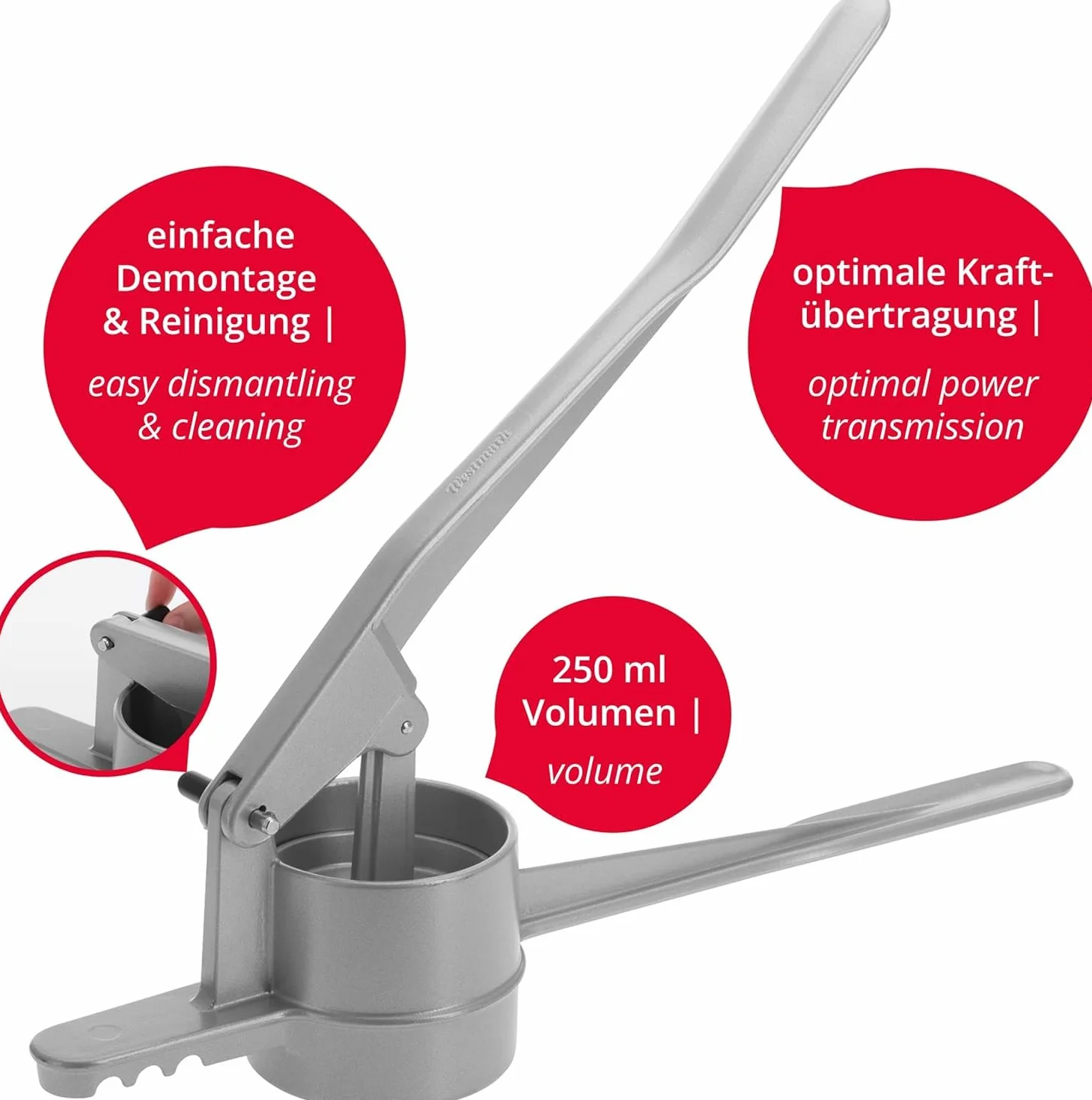 Westmark Prasa do ziemniaków i makaronu, Specjalne oczka do wyrobu domowego makaronu, Odlew aluminiowy, Długość: 41 cm, Spätzlepress, Srebrna, 61202260