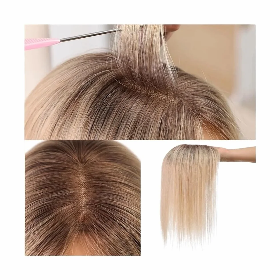 Nakładki z prawdziwych włosów z grzywką szwajcarska koronka 14 cali Ombre Blonde Mix Brown