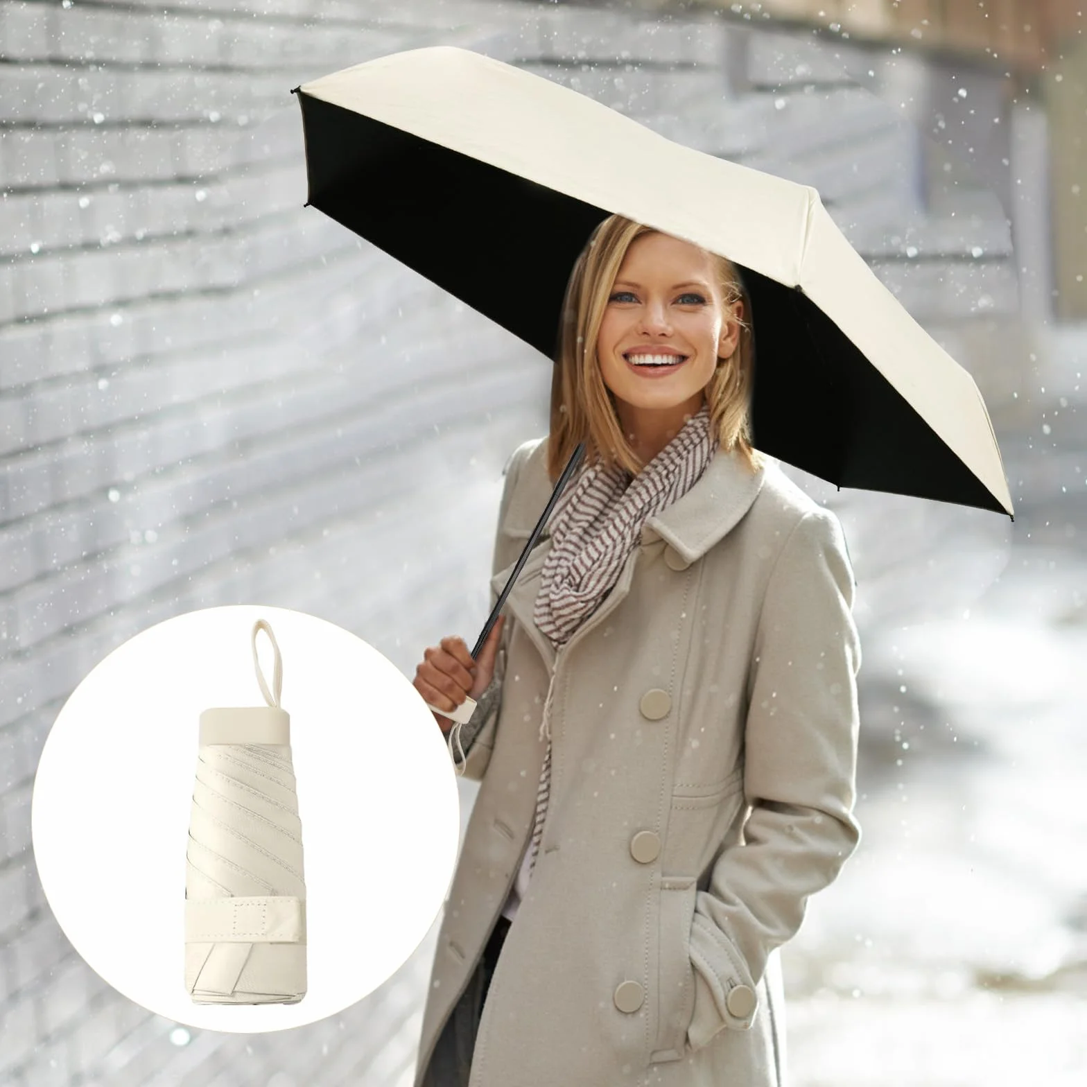 Mini parasol ultrakompaktowy, ultra lekki parasol kieszonkowy z 99% ochroną przed promieniowaniem UV i UPF50+, odporna na uderzenia tkanina, stalowy drążek, powierzchnia parasola 91 cm, beżowa