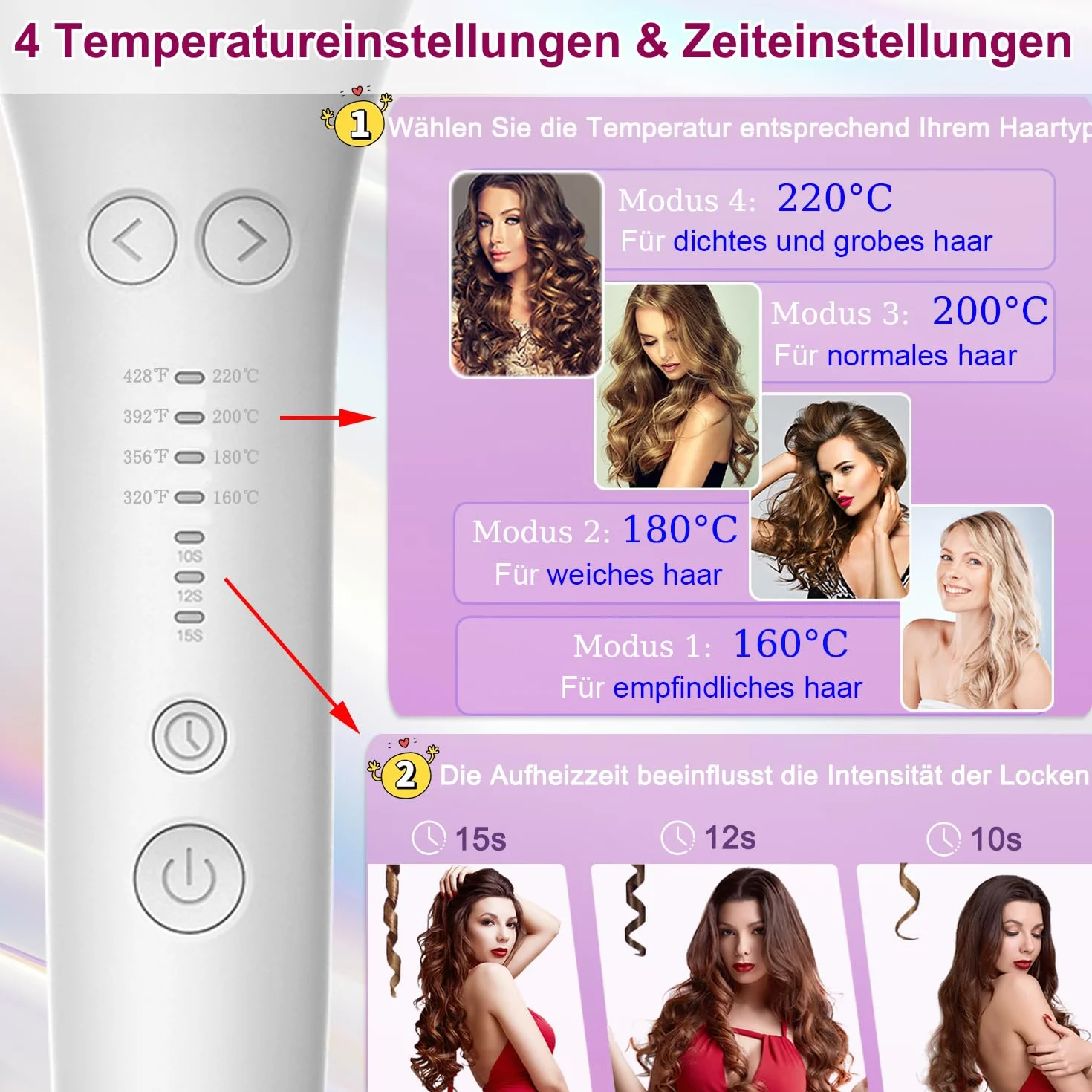 Automatyczna lokówka, lokówka do włosów, 4 regulowane ustawienia temperatury, 3 opcje czasu nagrzewania, nieplączący się obracany o 360° kabel, ciągłe zasilanie