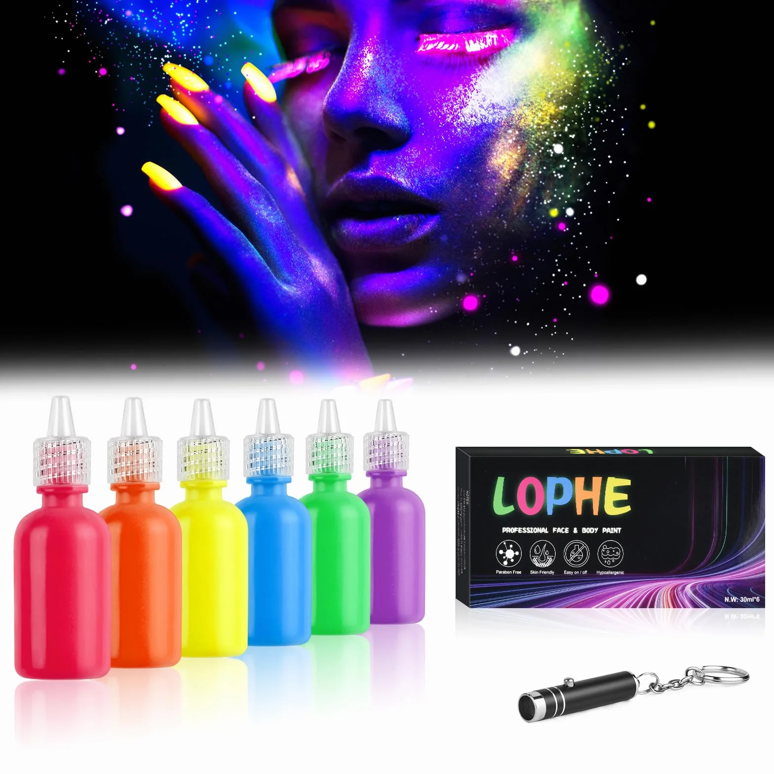 LOPHE Farba do twarzy dla dzieci, zestaw do malowania twarzy 6*30 ml, neonowa farba do twarzy z lampą UV, fluorescencyjne farby do twarzy i ciała, hipoalergiczny, makijaż UV Halloween Festival (zestaw