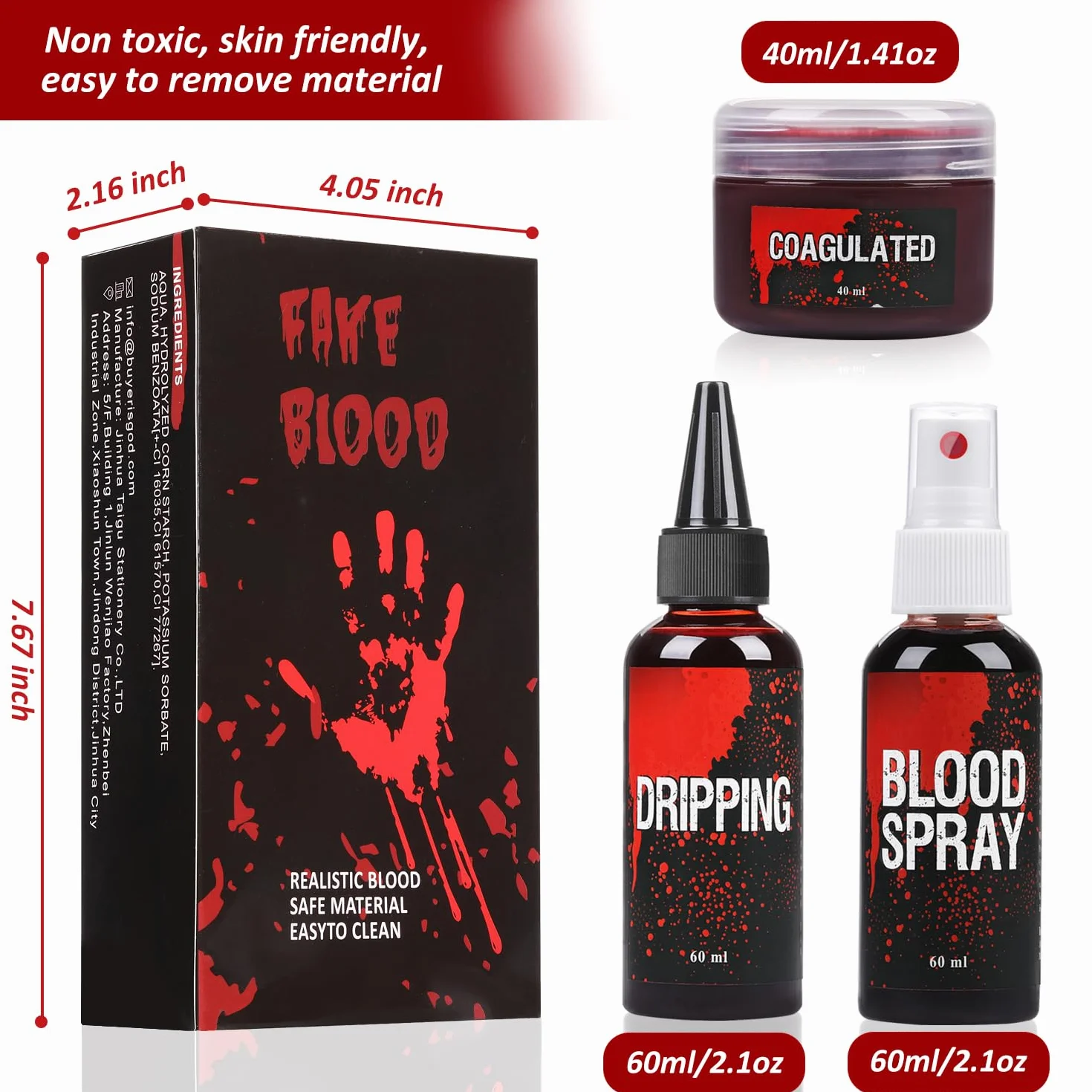 Zestaw sztucznej krwi, 60ml sztucznej krwi w sprayu i 60ml krwi kapiącej oraz 40ml żelowej krwi skupionej, sztuczne makijażowe malowanie ciała na Halloween, do kostiumów zombie, wampira i