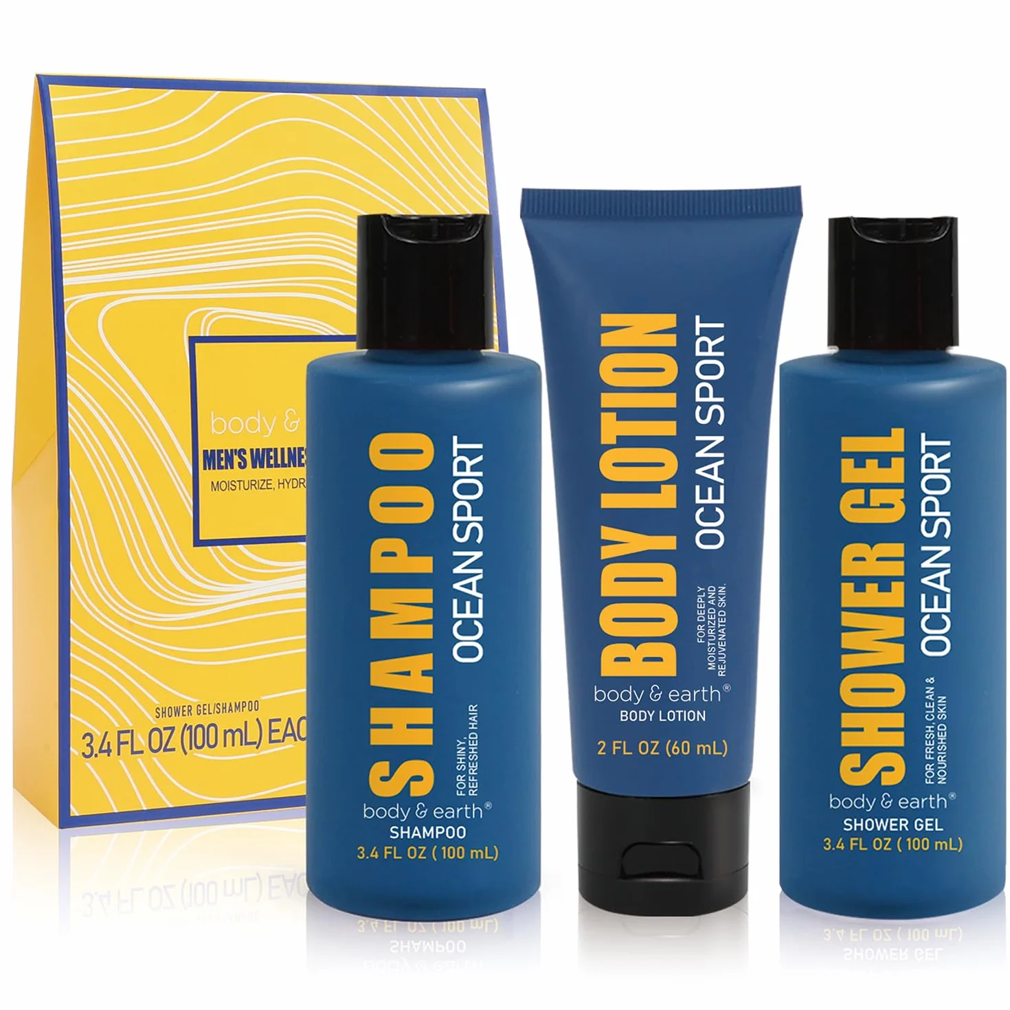 BODY & EARTH Żel pod prysznic dla mężczyzn - 3 sztuk zapachem Ocean z żel pod prysznic,Płyn do włosów,Balsam do ciała, Prezenty dla mężczyzn,Prezent urodzinowe,Prezenty na Dzień Ojca