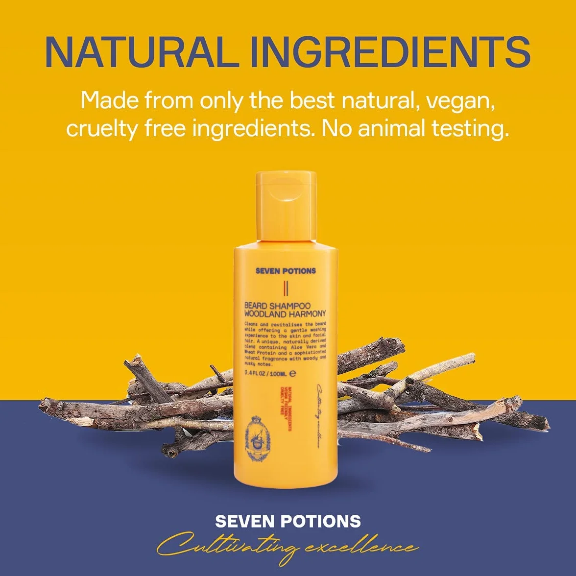 Seven Potions Szampon do brody dla mężczyzn - Myj brodę delikatnie i bez swędzenia - naturalny, wegański i wolny od okrucieństwa - Woodland Harmony (100 ml)